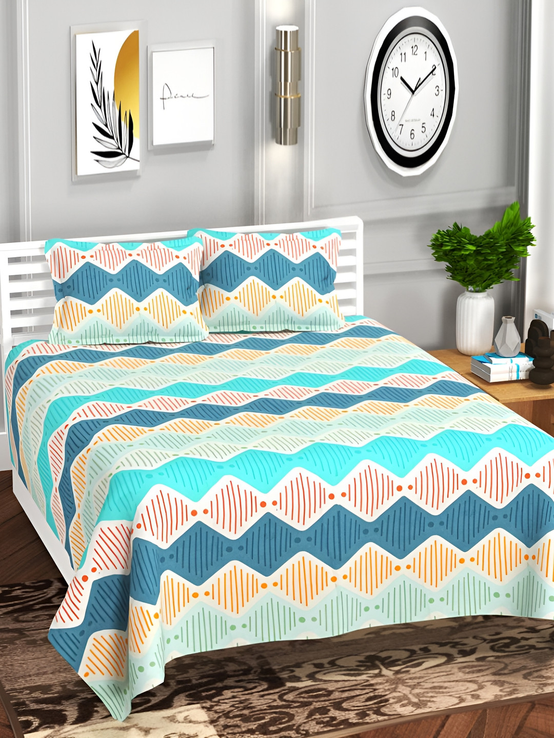 

bsb home Turquoise Blue & Yellow 180 TC King Bedsheet with 2 Pillow Covers
