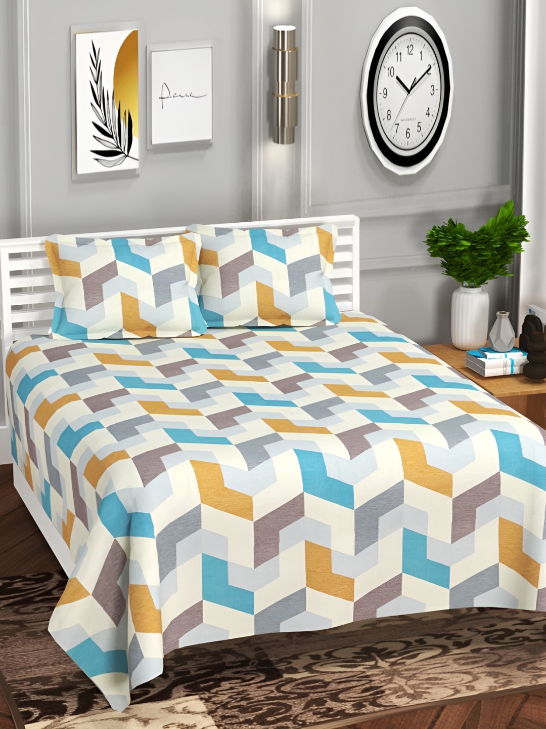 

bsb home White & Turquoise Blue 180 TC King Bedsheet with 2 Pillow Covers