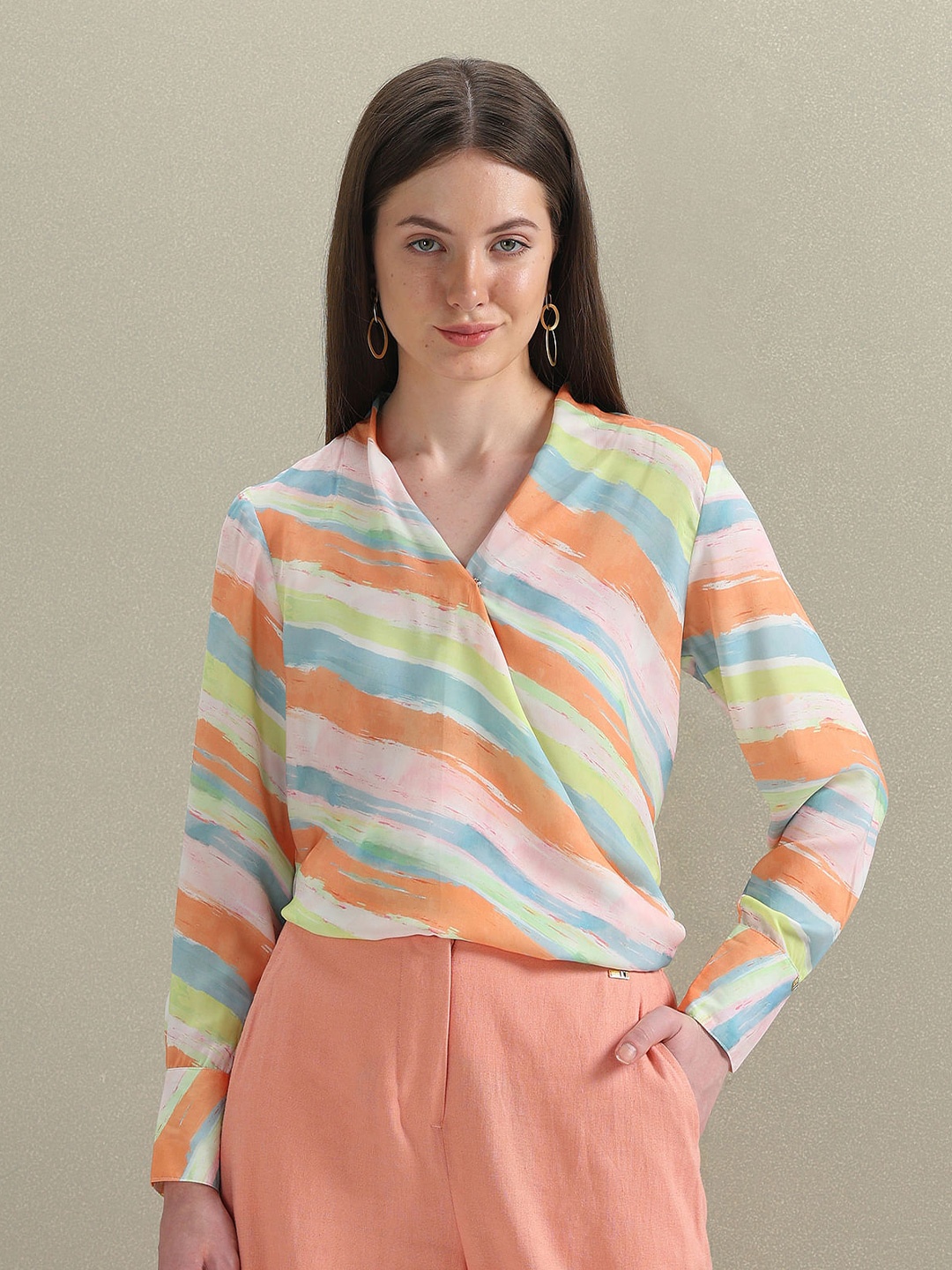 

U.S. Polo Assn. Women Abstract Printed V-Neck Cuffed Sleeves Wrap Top, Orange
