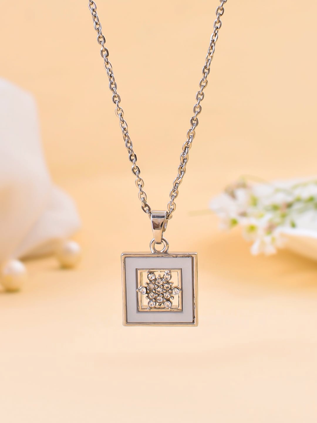 

Silvermerc Designs Silver-Plated CZ Square Pendant With Chain