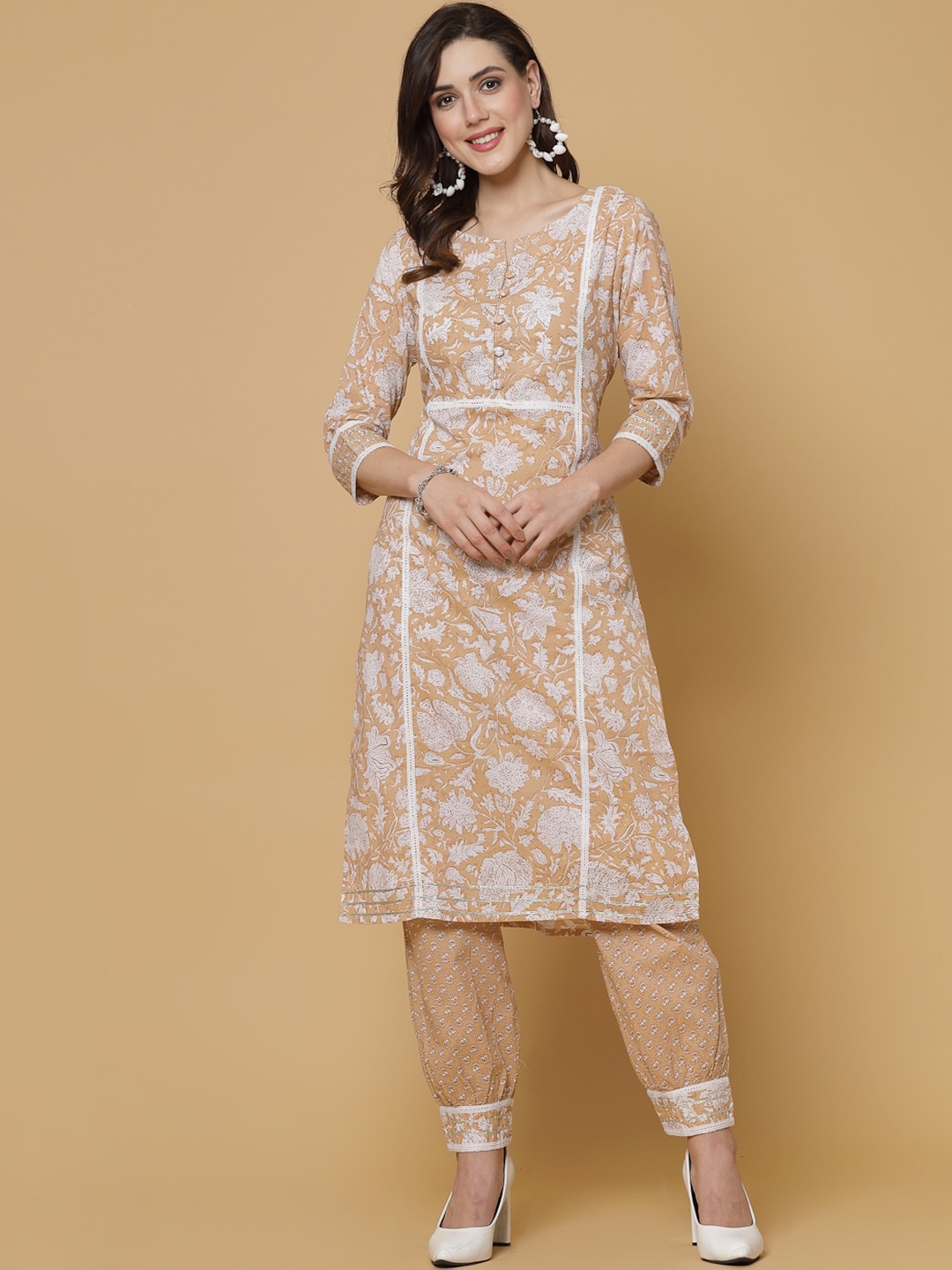 

KALINI Women Floral Printed Regular Kurta with Trousers, Cream