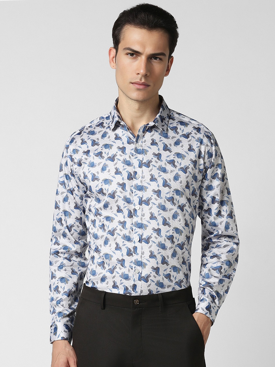 

V Dot Men Slim Fit Floral Opaque Printed Party Shirt, White