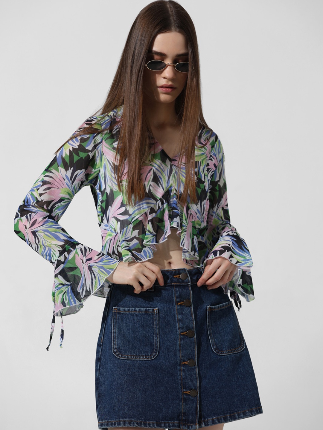 

ONLY Floral Print Tie-Up Neck Bell Sleeve Top, Black