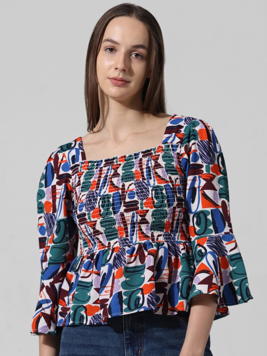 

ONLY Floral Print Bell Sleeve Top, Green
