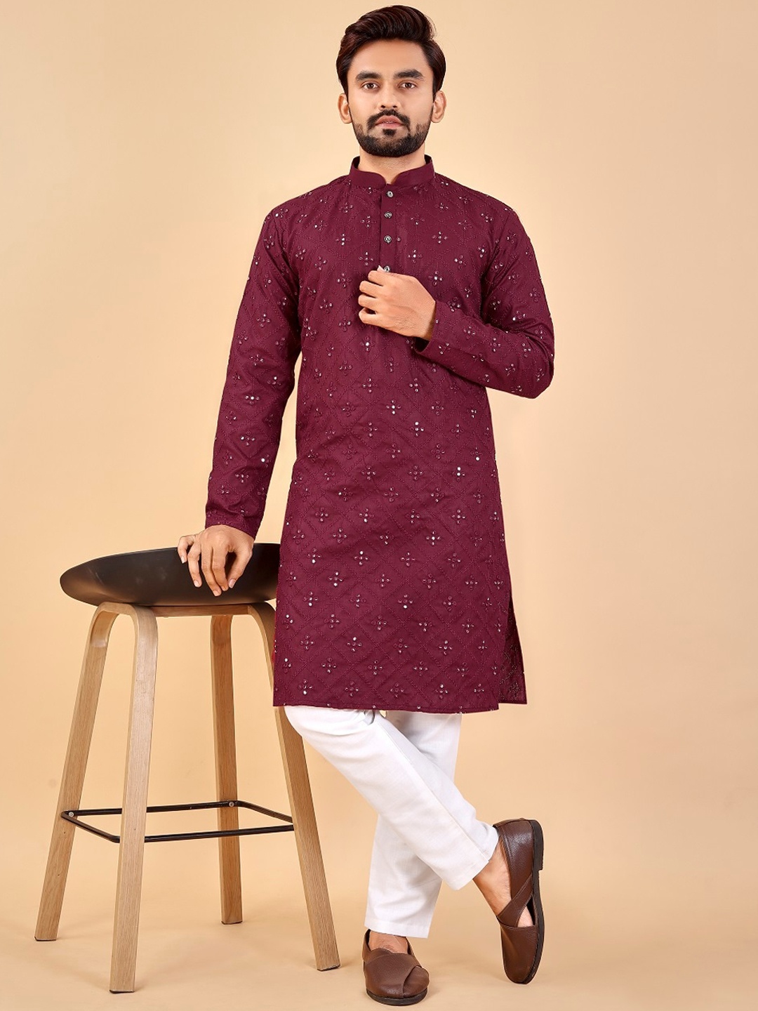 

BAESD Ethnic Motifs Mirror Work Mandarin Collar Thread Work Cotton Kurta, Maroon