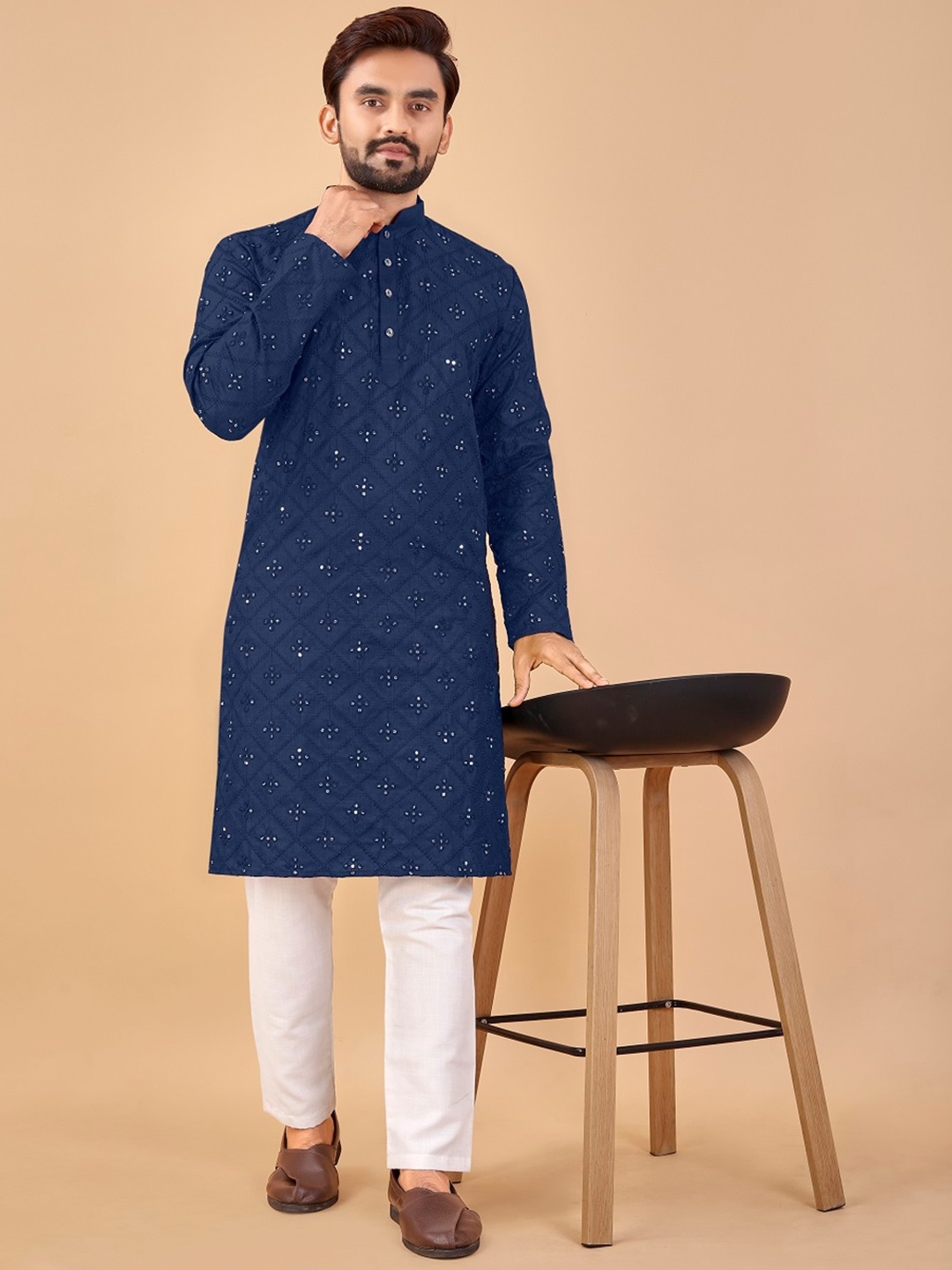 

BAESD Ethnic Motifs Mirror Work Mandarin Collar Thread Work Cotton Kurta, Navy blue