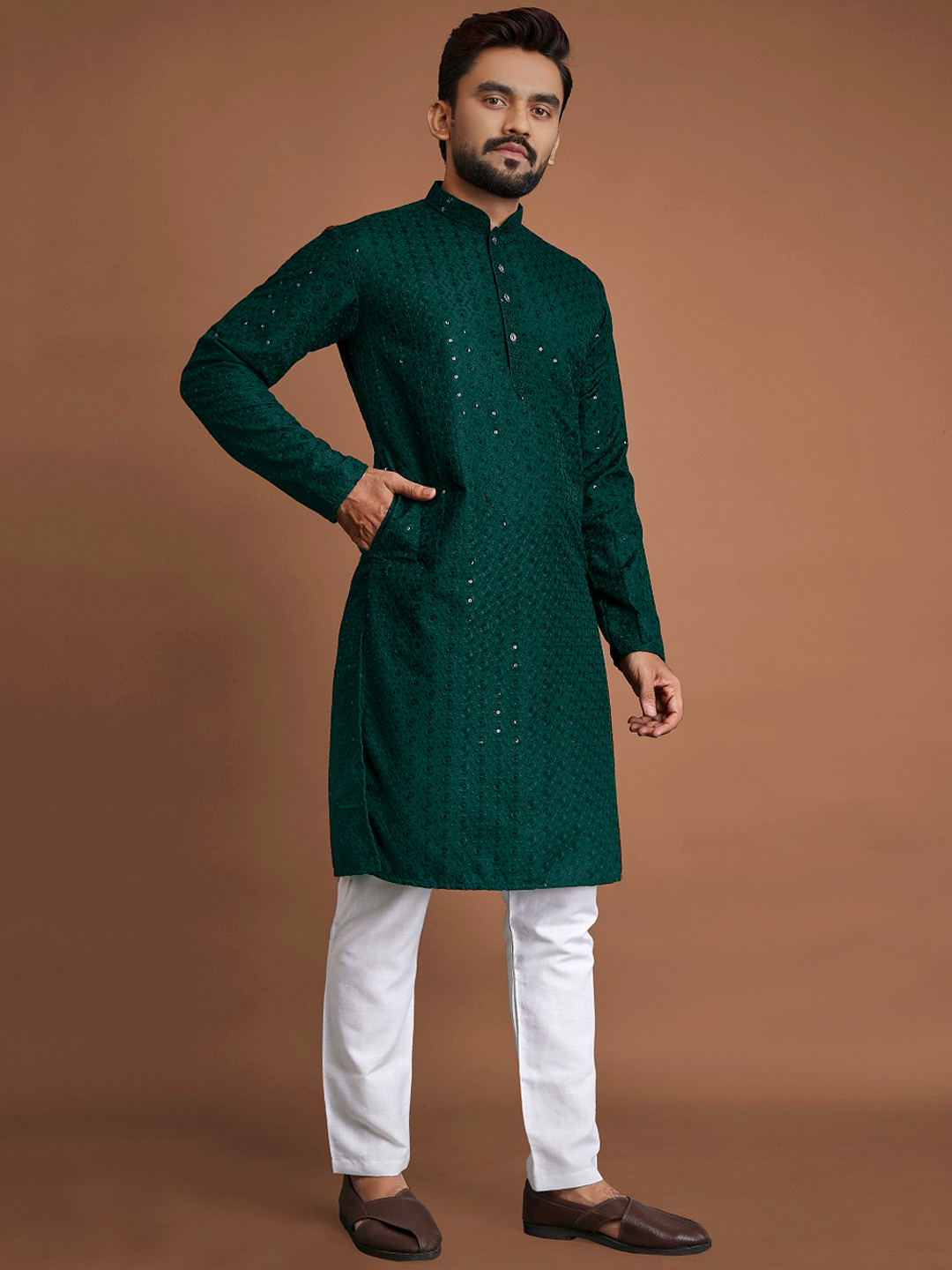 

BAESD Ethnic Motifs Mirror Work Mandarin Collar Thread Work Cotton Kurta, Green