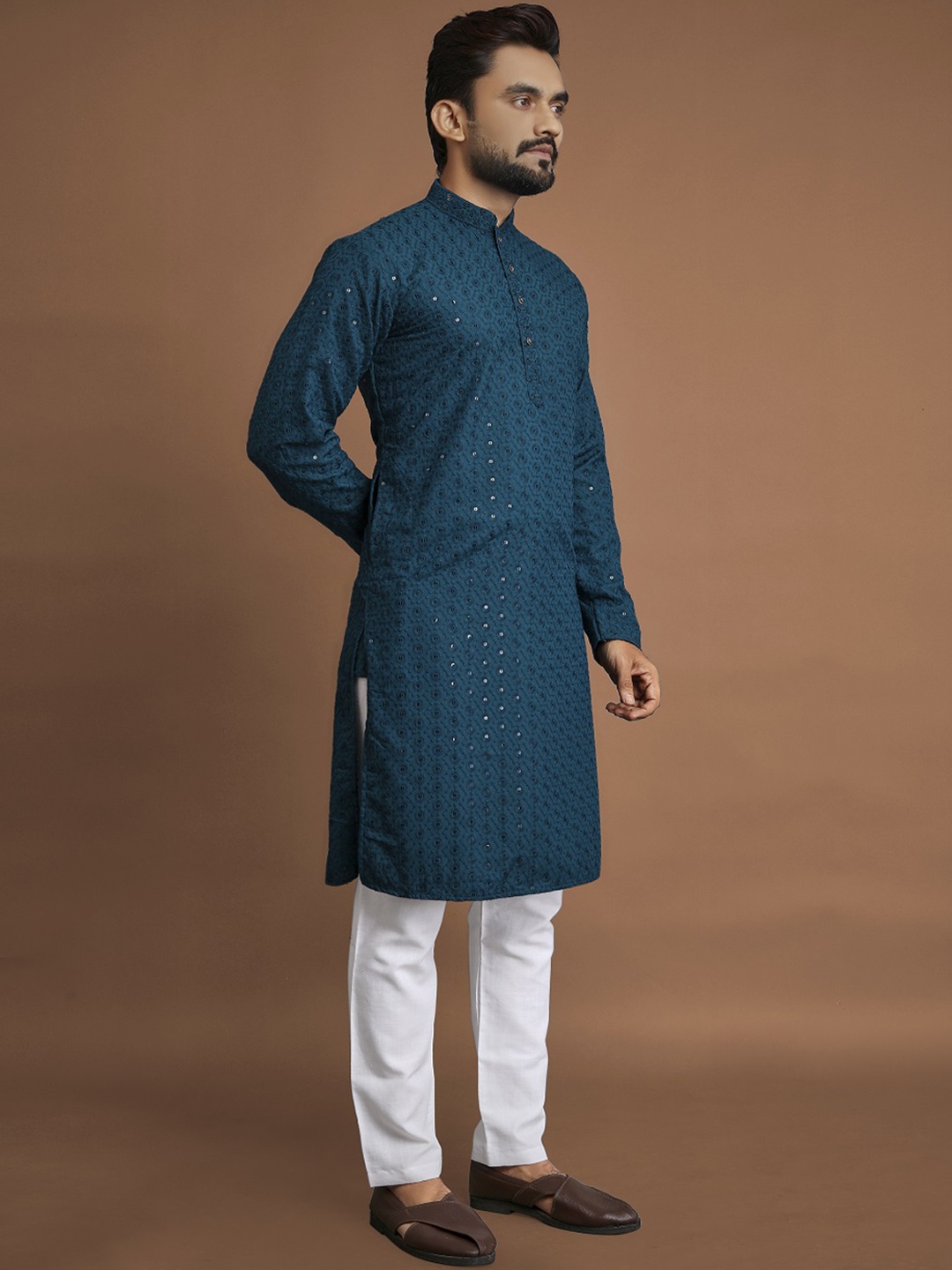 

BAESD Ethnic Motifs Mirror Work Mandarin Collar Thread Work Cotton Kurta, Blue