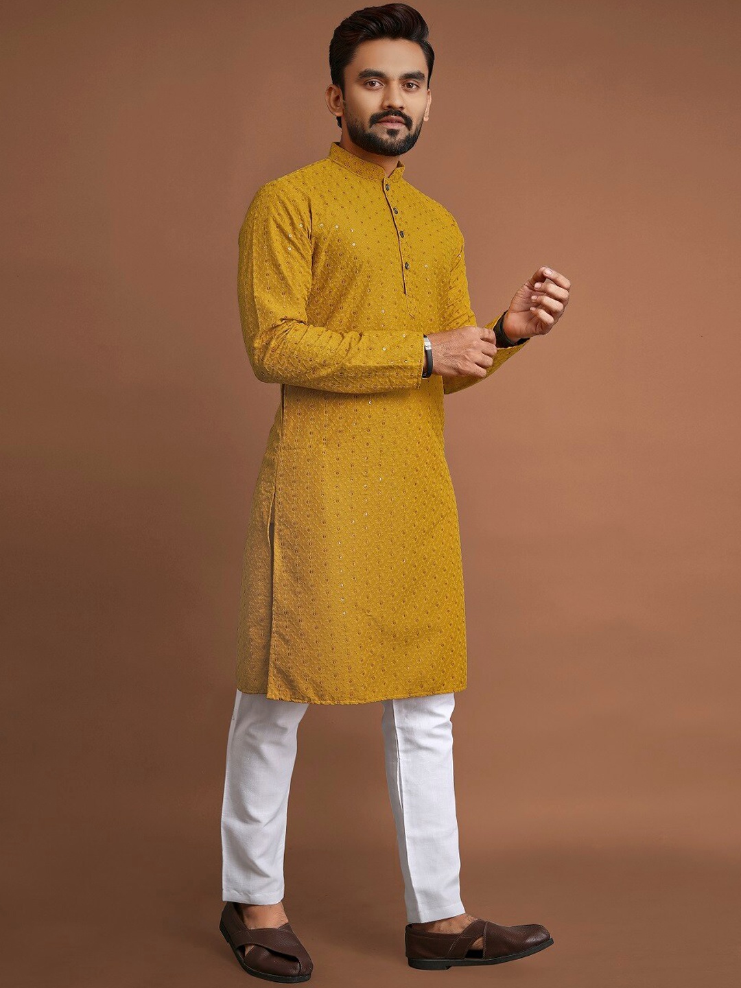 

BAESD Men Flared Sleeves Thread Work Kurta, Yellow