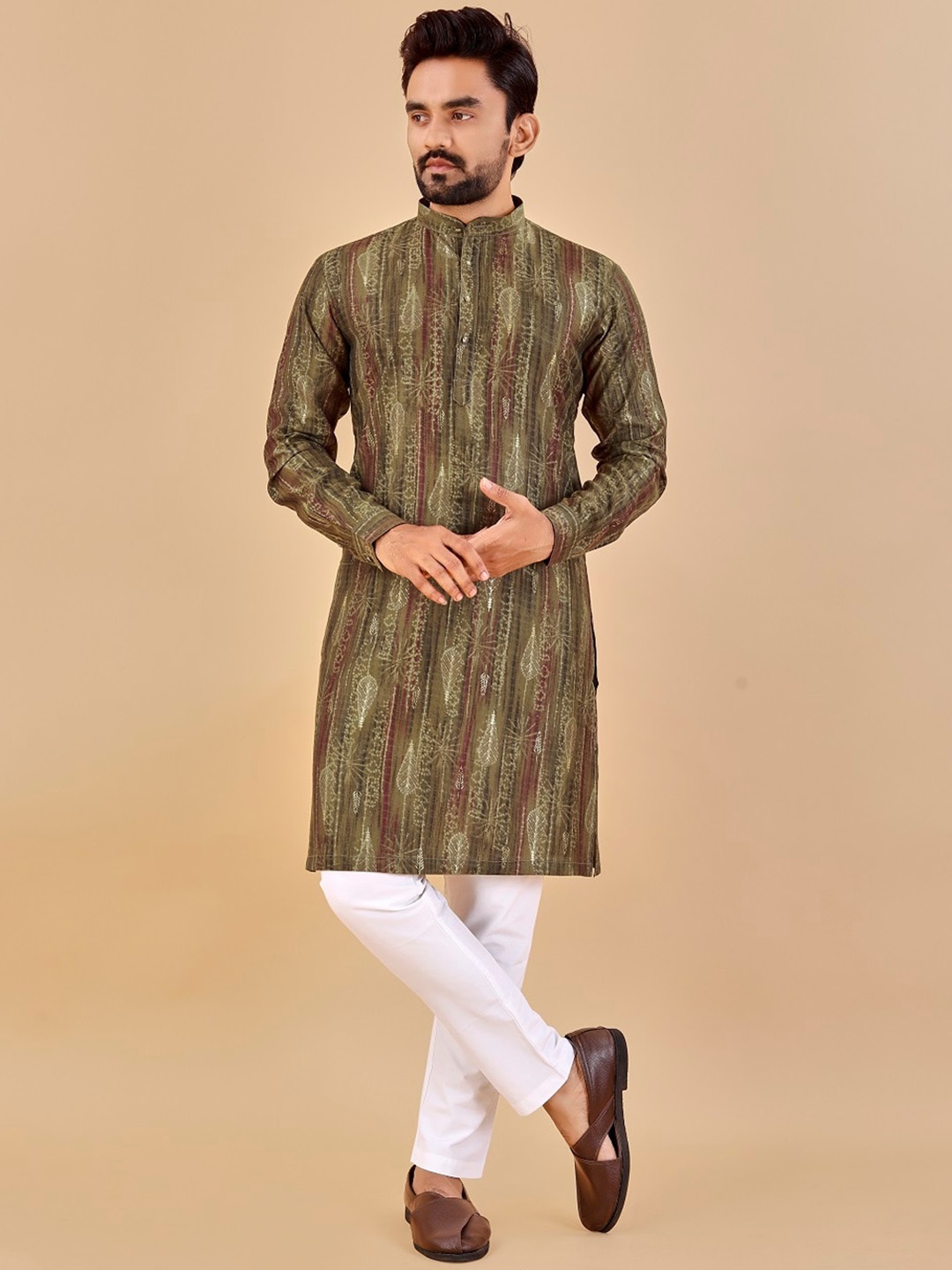 

BAESD Floral Printed Mandarin Collar Long Sleeves Kurta, Green