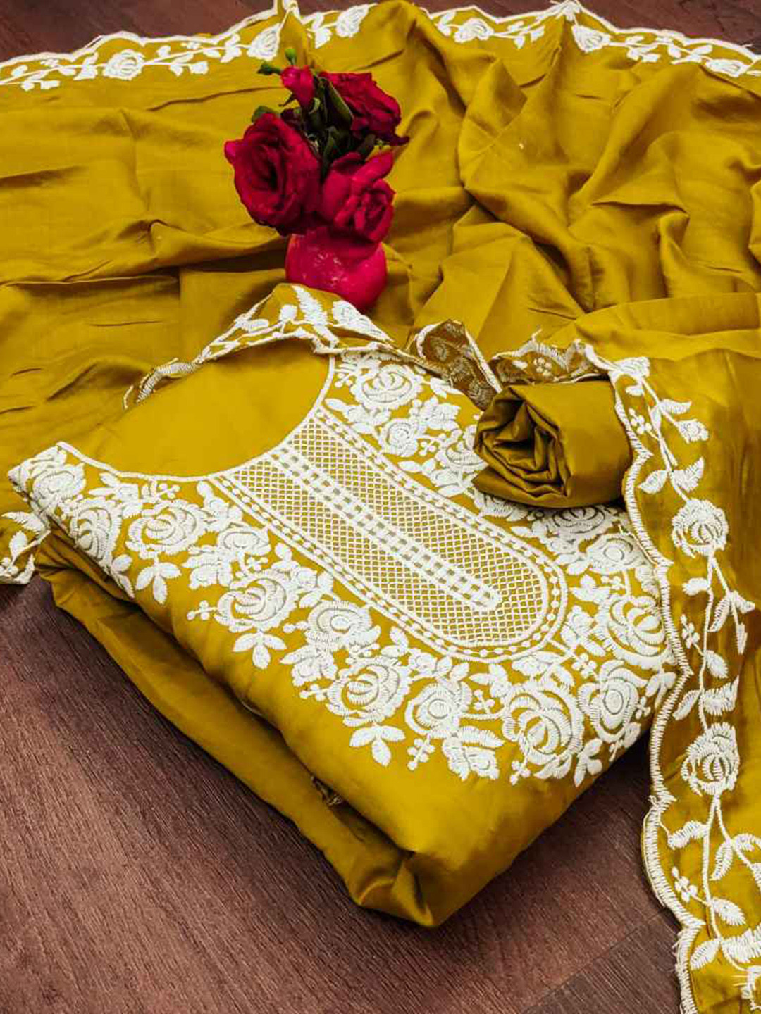

faxofab Embroidered Unstitched Dress Material, Mustard