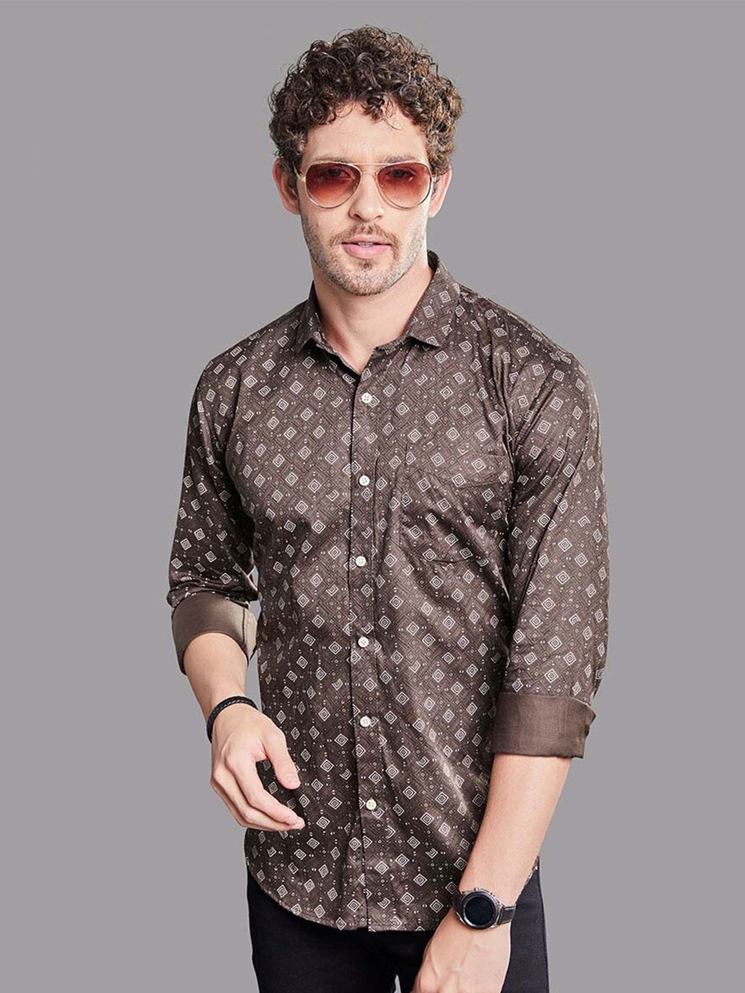 

ALMATY Men Comfort Slim Fit Opaque Printed Party Shirt, Brown