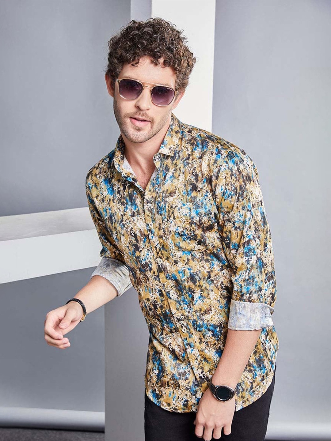 

ALMATY Men Comfort Slim Fit Floral Opaque Printed Party Shirt, Yellow