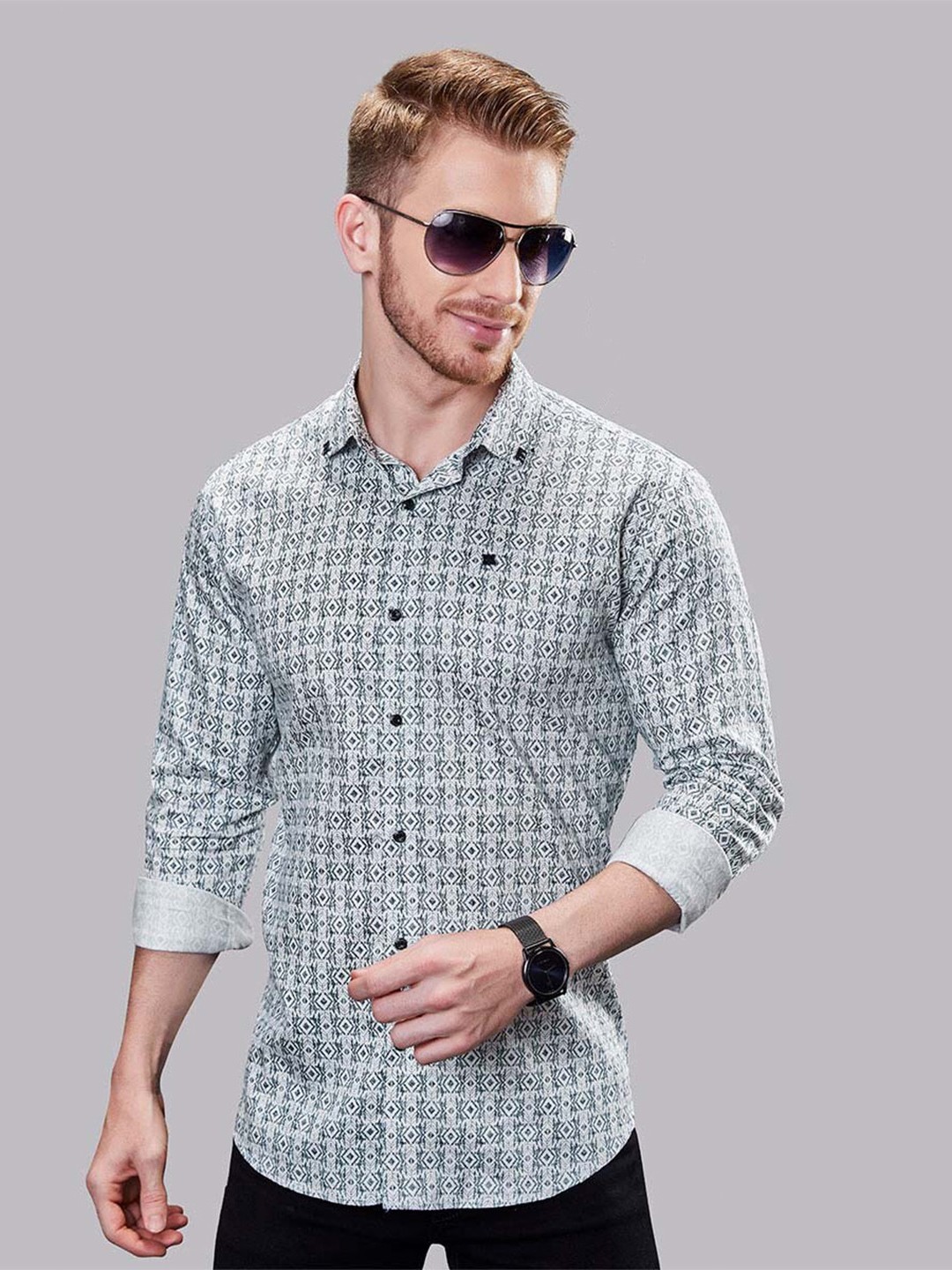 

ALMATY Men Comfort Slim Fit Opaque Printed Party Shirt, Blue
