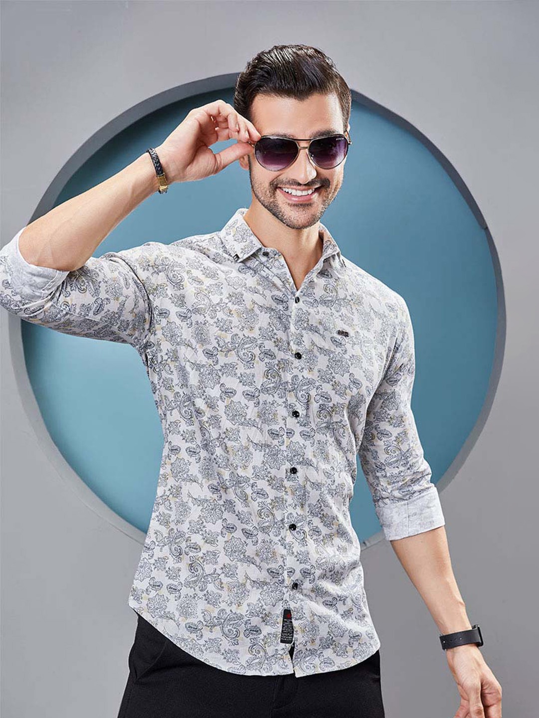 

ALMATY Men Comfort Slim Fit Floral Opaque Printed Party Shirt, White