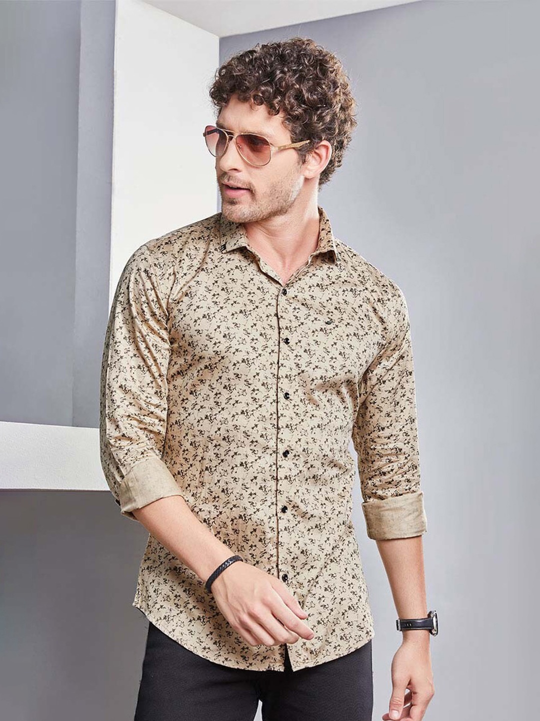 ALMATY Men Comfort Slim Fit Floral Opaque Printed Party Shirt, Cream