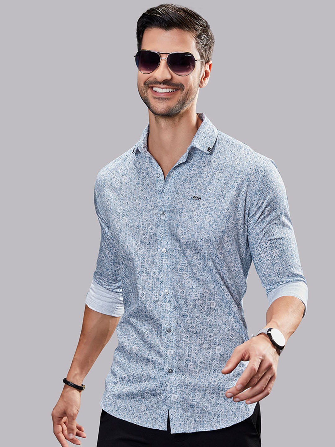 

ALMATY Men Comfort Slim Fit Opaque Printed Party Shirt, Blue