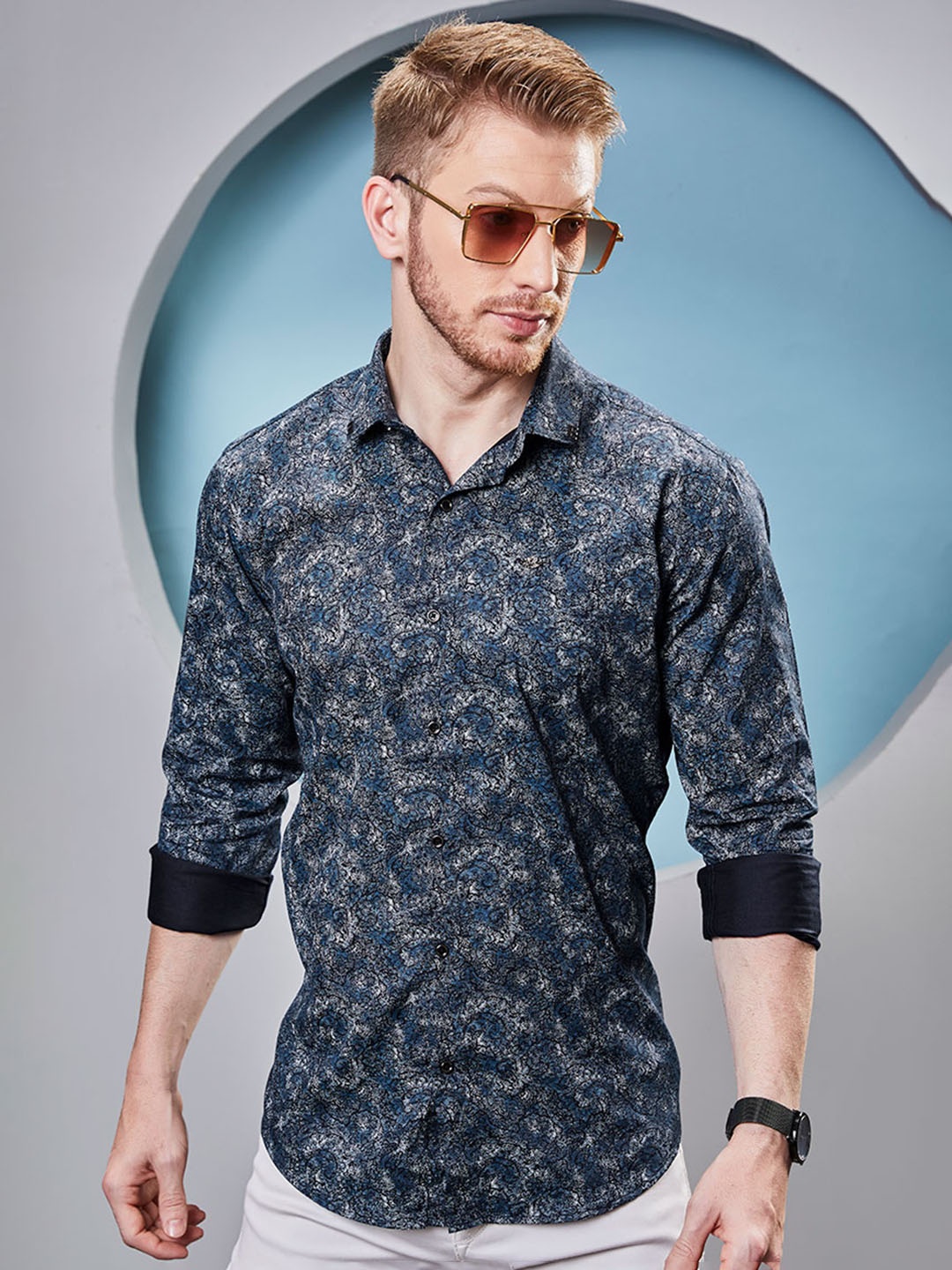 

ALMATY Men Comfort Slim Fit Floral Opaque Printed Party Shirt, Blue