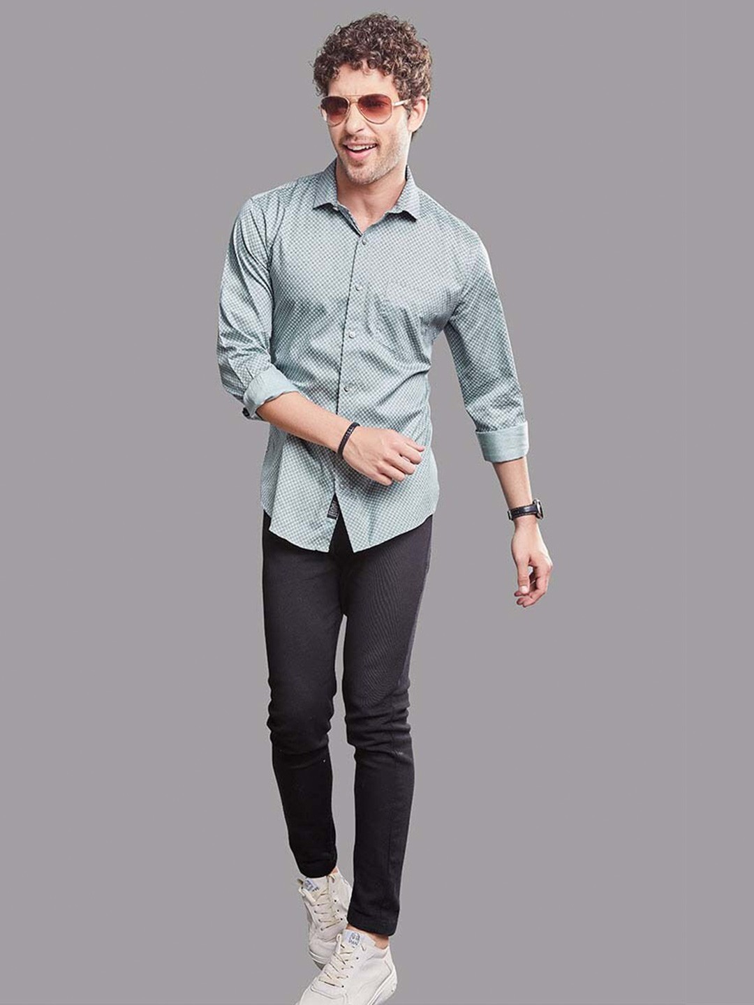 

ALMATY Men Comfort Slim Fit Horizontal Stripes Opaque Printed Party Shirt, Green
