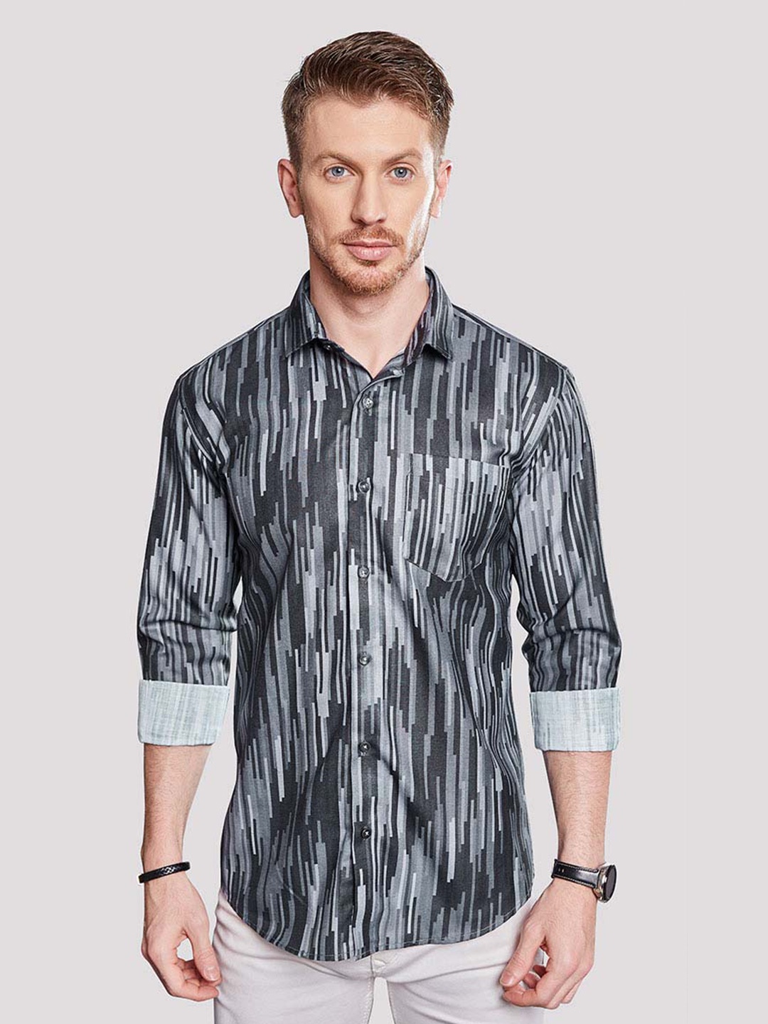 

ALMATY Men Comfort Slim Fit Opaque Striped Party Shirt, Black