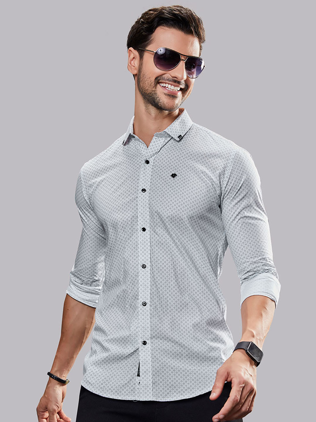 

ALMATY Men Comfort Slim Fit Opaque Printed Party Shirt, White