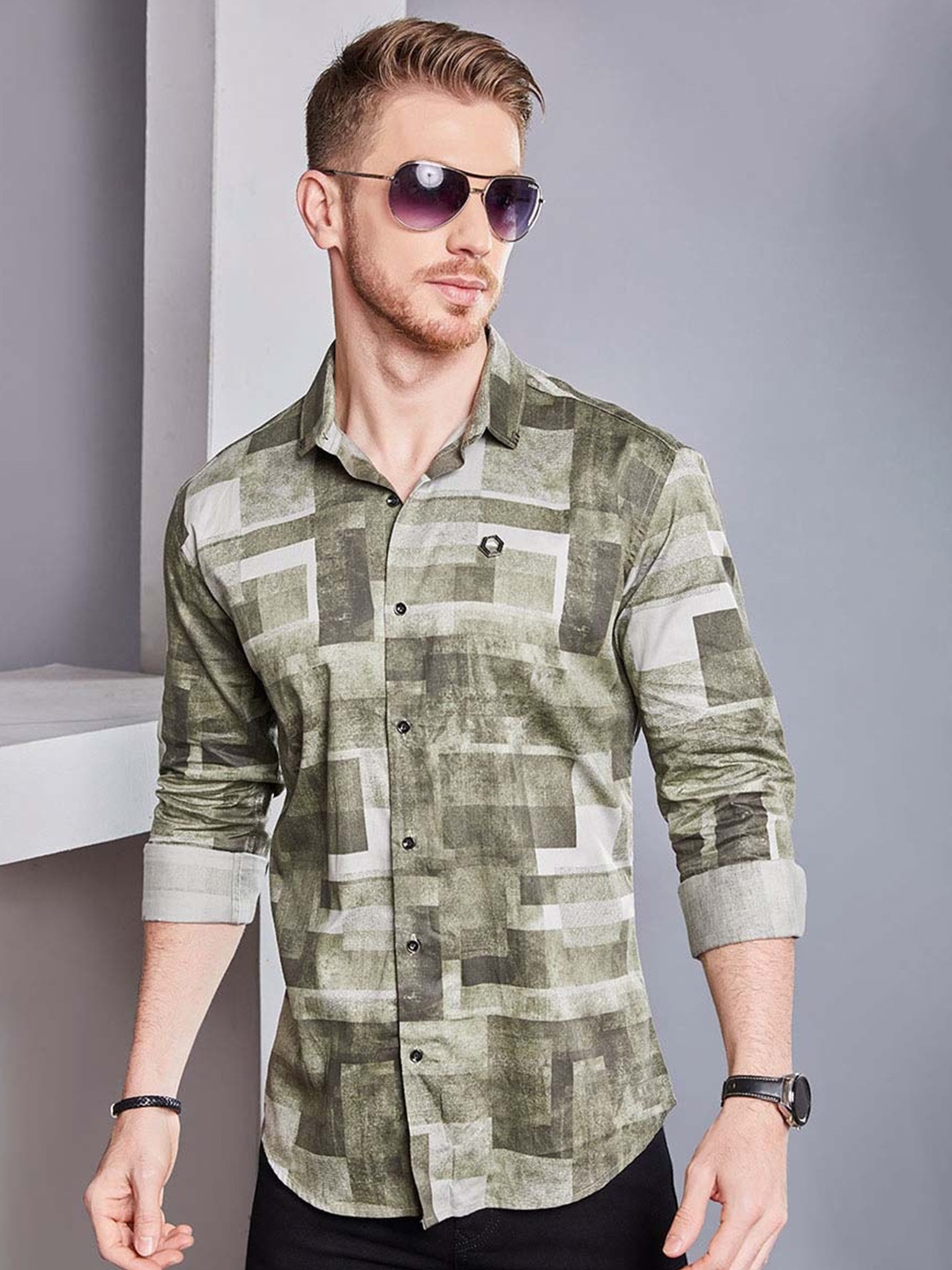 

ALMATY Men Comfort Slim Fit Opaque Printed Party Shirt, Green