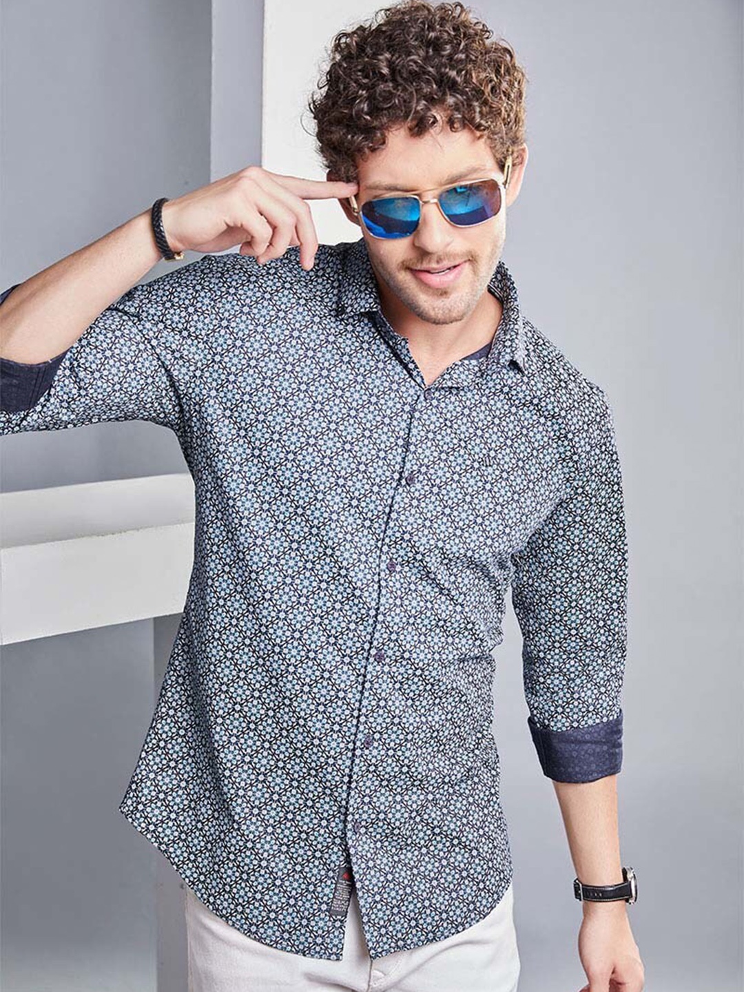 ALMATY Men Comfort Slim Fit Floral Opaque Printed Party Shirt, Blue