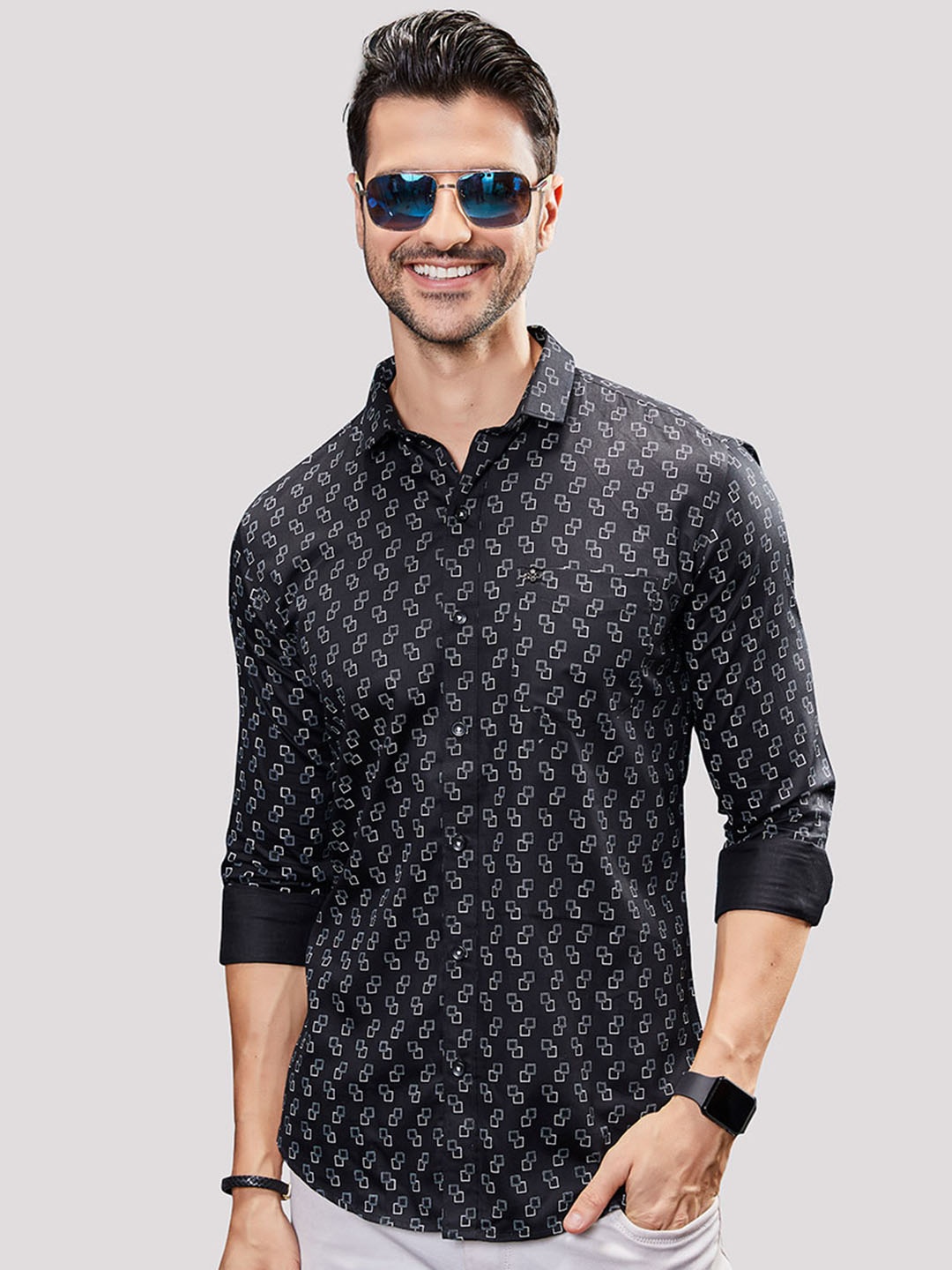 

ALMATY Men Comfort Slim Fit Floral Opaque Printed Party Shirt, Black