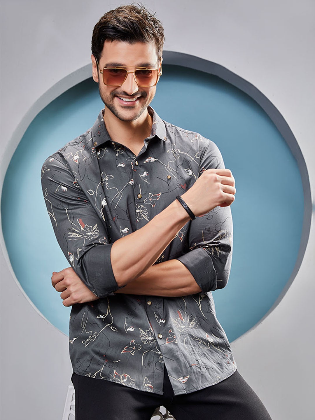 ALMATY Men Comfort Slim Fit Floral Opaque Printed Party Shirt, Black