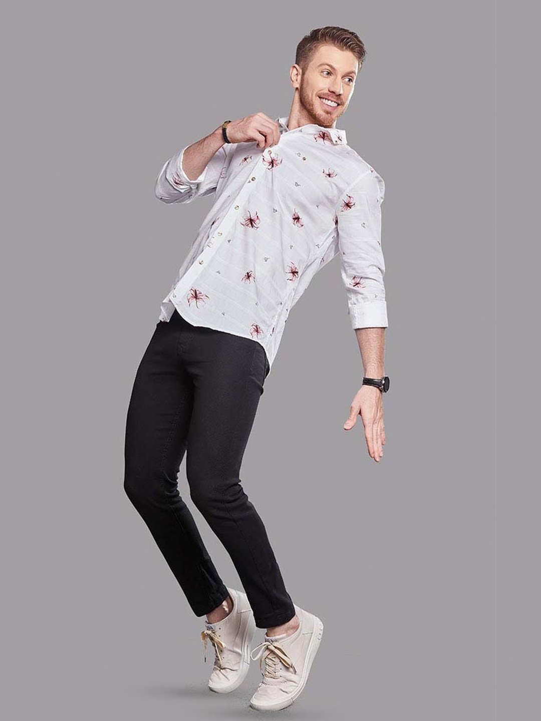 

ALMATY Men Comfort Slim Fit Opaque Printed Party Shirt, White