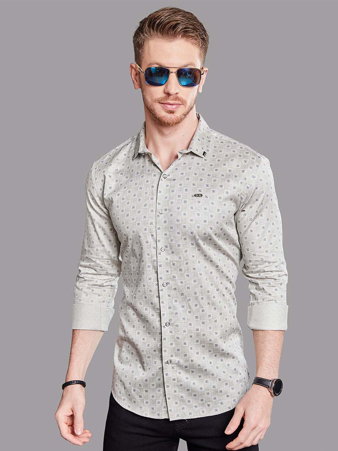

ALMATY Men Comfort Slim Fit Opaque Printed Party Shirt, Grey
