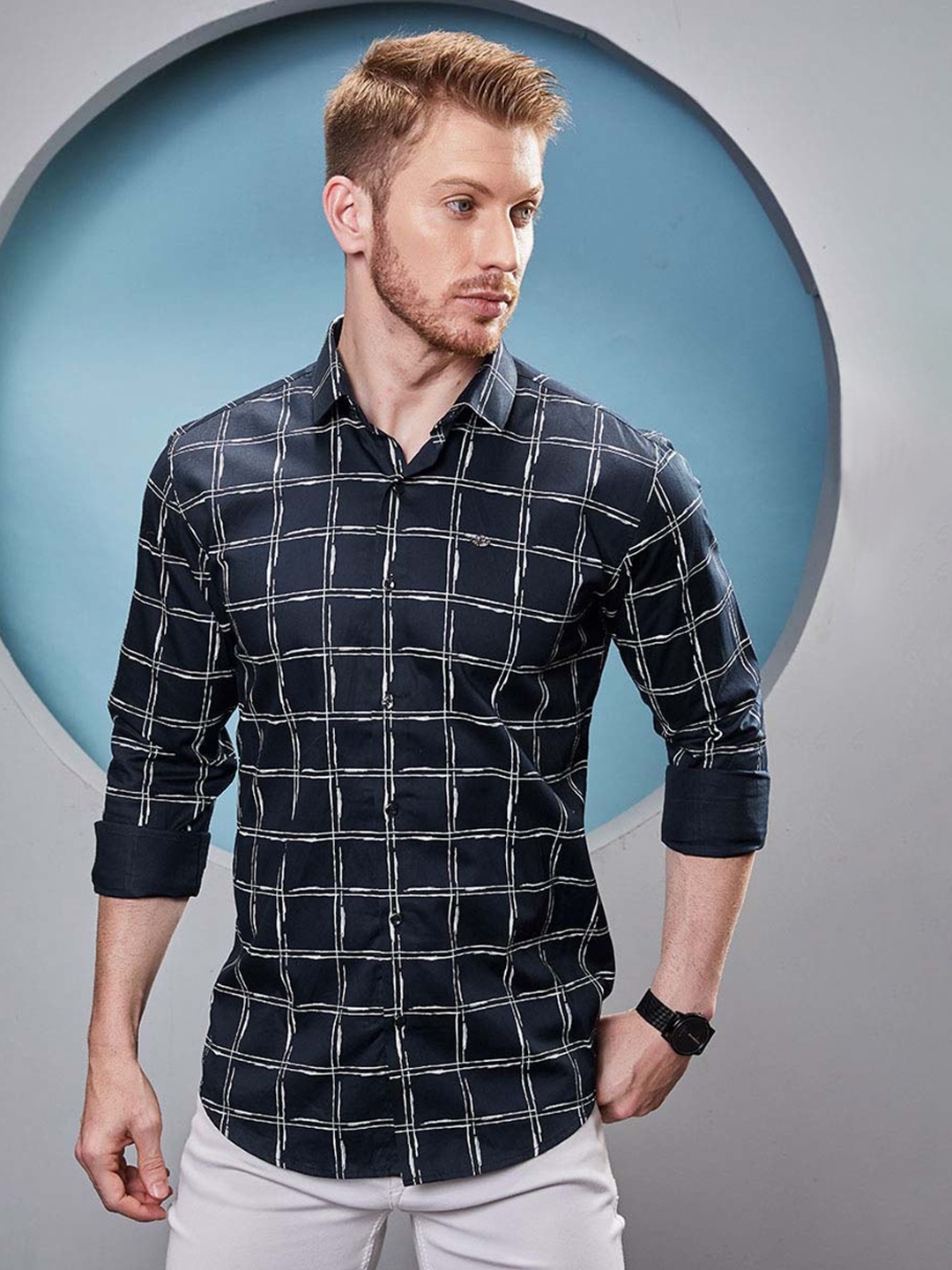 

ALMATY Men Comfort Slim Fit Windowpane Checks Opaque Checked Party Shirt, Blue