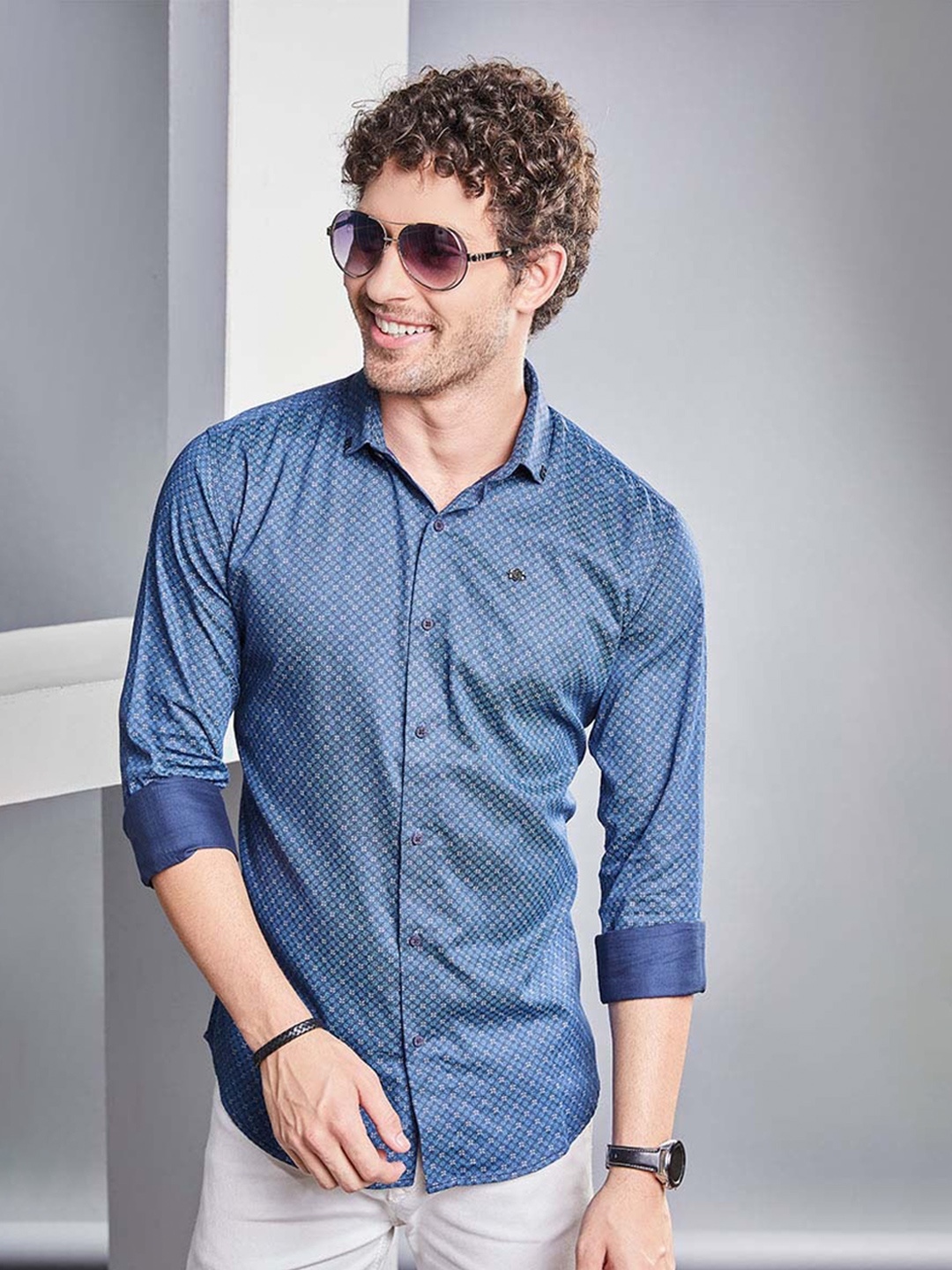 

ALMATY Men Comfort Slim Fit Opaque Printed Party Shirt, Blue