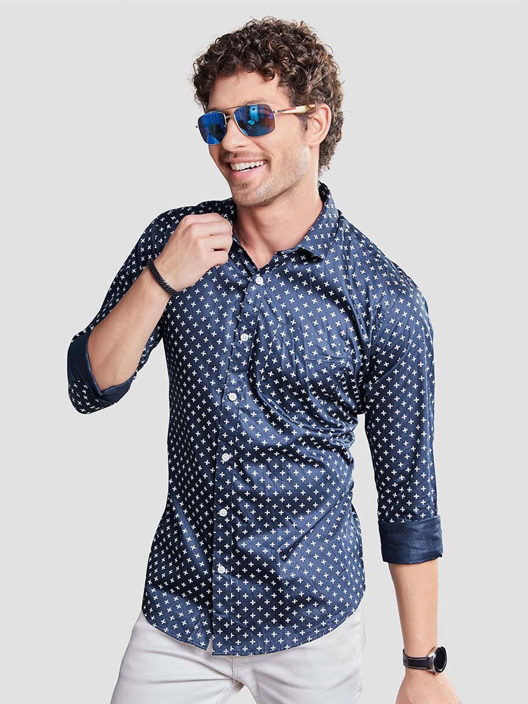 

ALMATY Men Comfort Slim Fit Polka Dot Opaque Printed Party Shirt, Navy blue