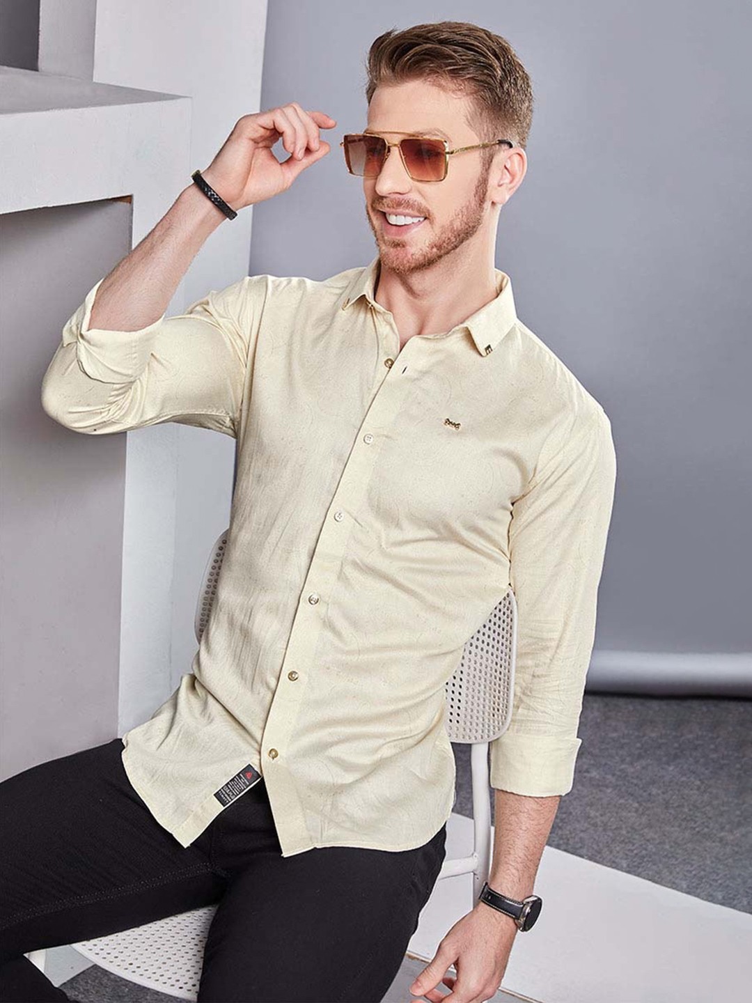 

ALMATY Men Comfort Slim Fit Opaque Party Shirt, Cream
