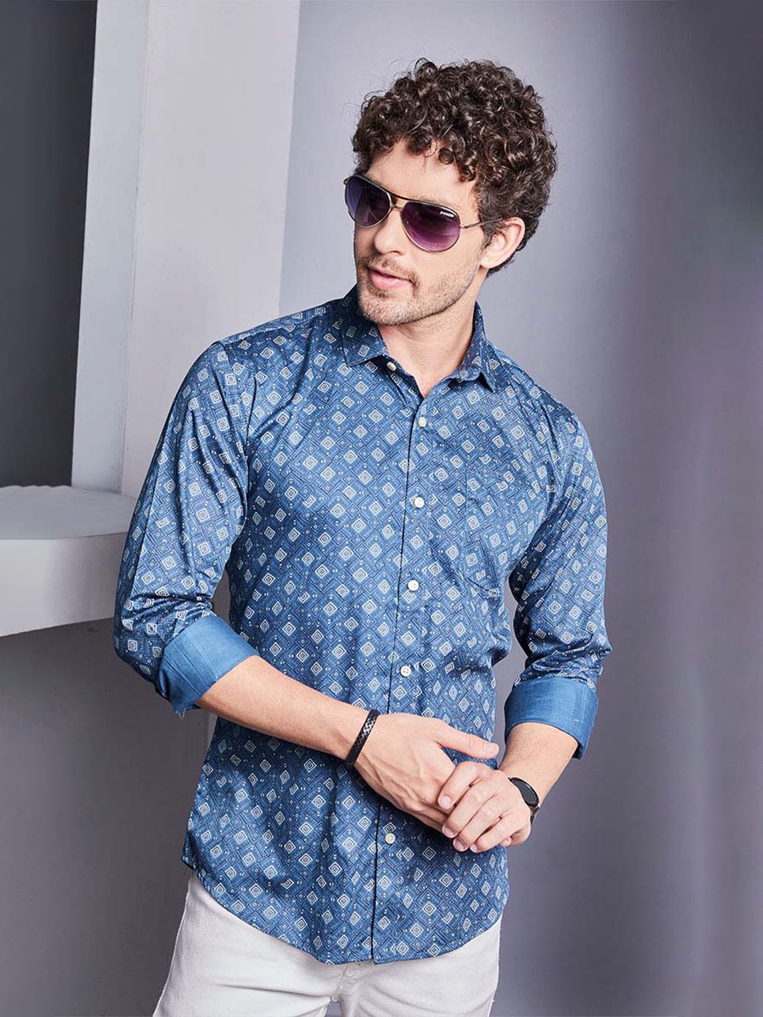 

ALMATY Men Comfort Slim Fit Opaque Printed Party Shirt, Blue