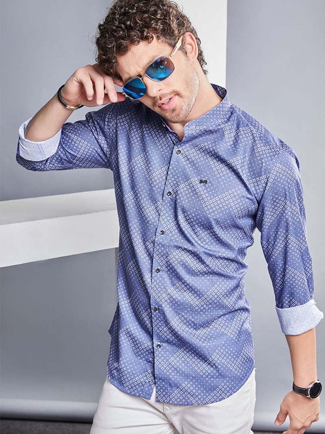 

ALMATY Men Comfort Slim Fit Opaque Printed Party Shirt, Blue