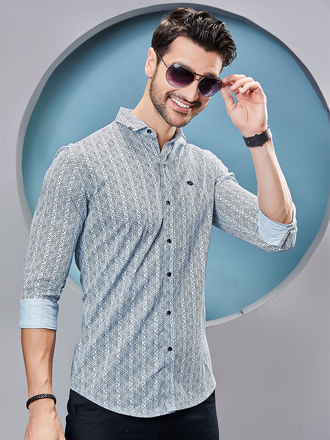 

ALMATY Men Comfort Slim Fit Opaque Printed Party Shirt, Blue