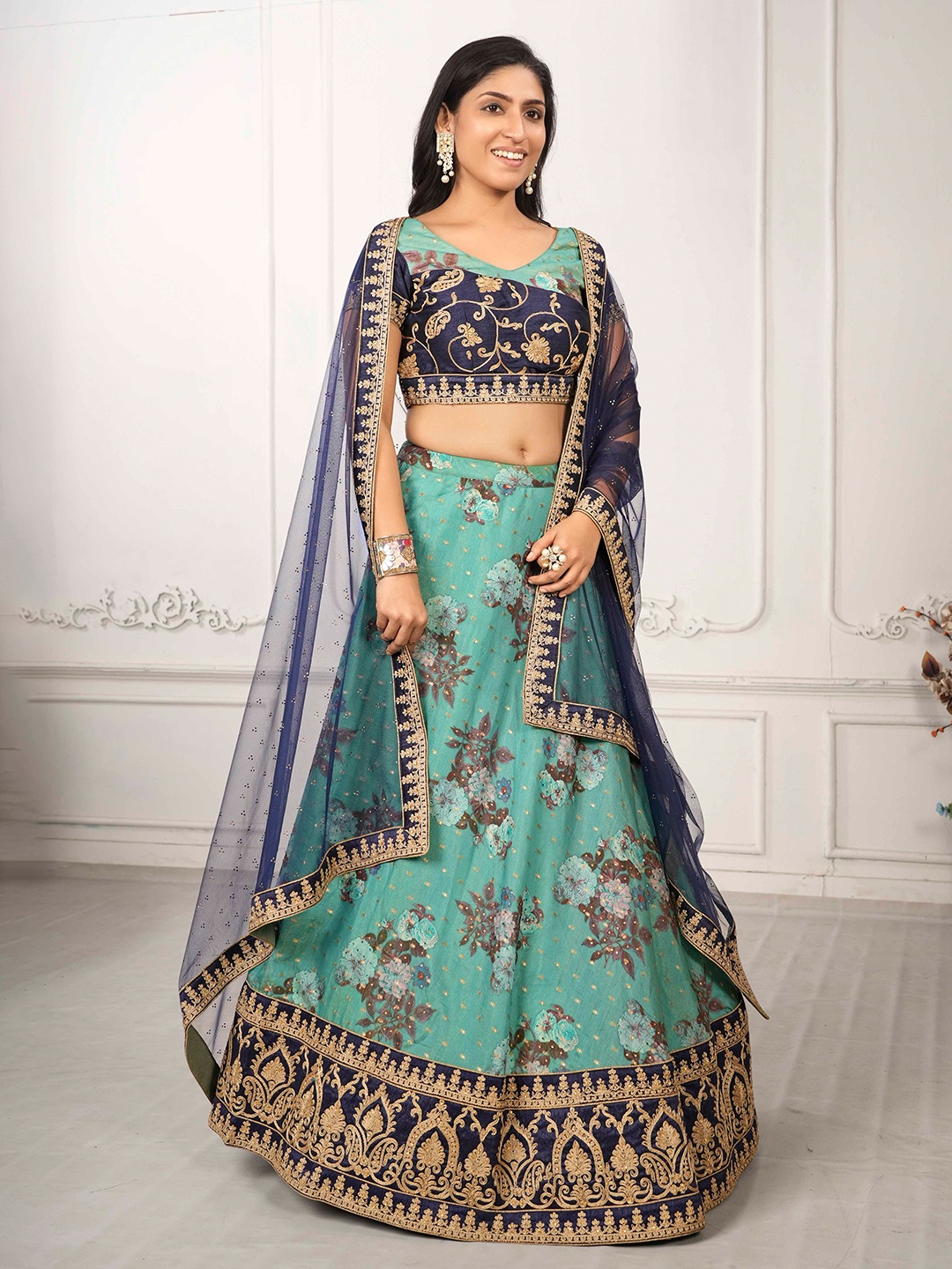 

SAPTRANGI Embroidered Thread Work Ready to Wear Lehenga & Blouse With Dupatta, Turquoise blue