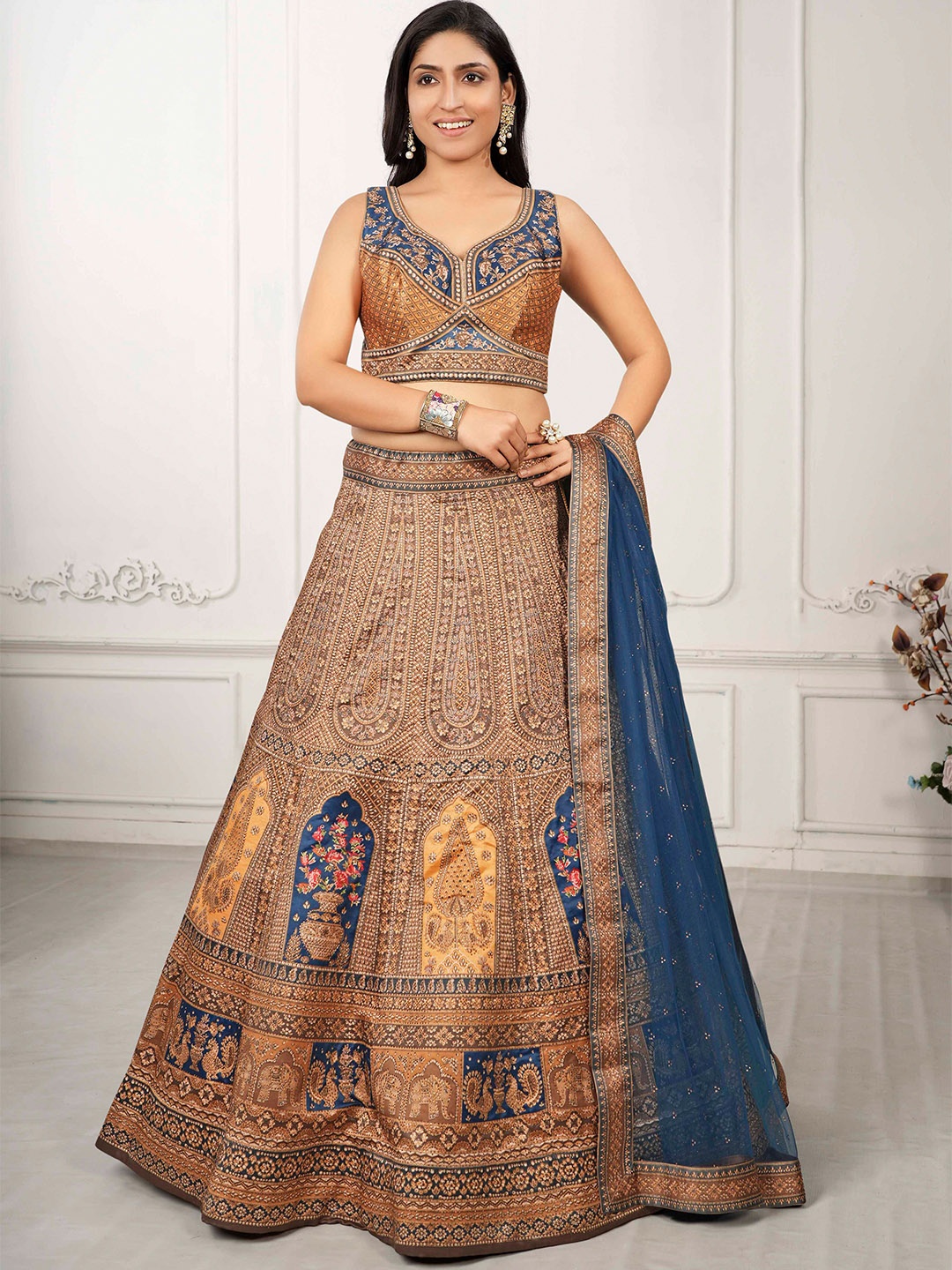 

SAPTRANGI Embroidered Ready to Wear Lehenga & Blouse With Dupatta, Blue