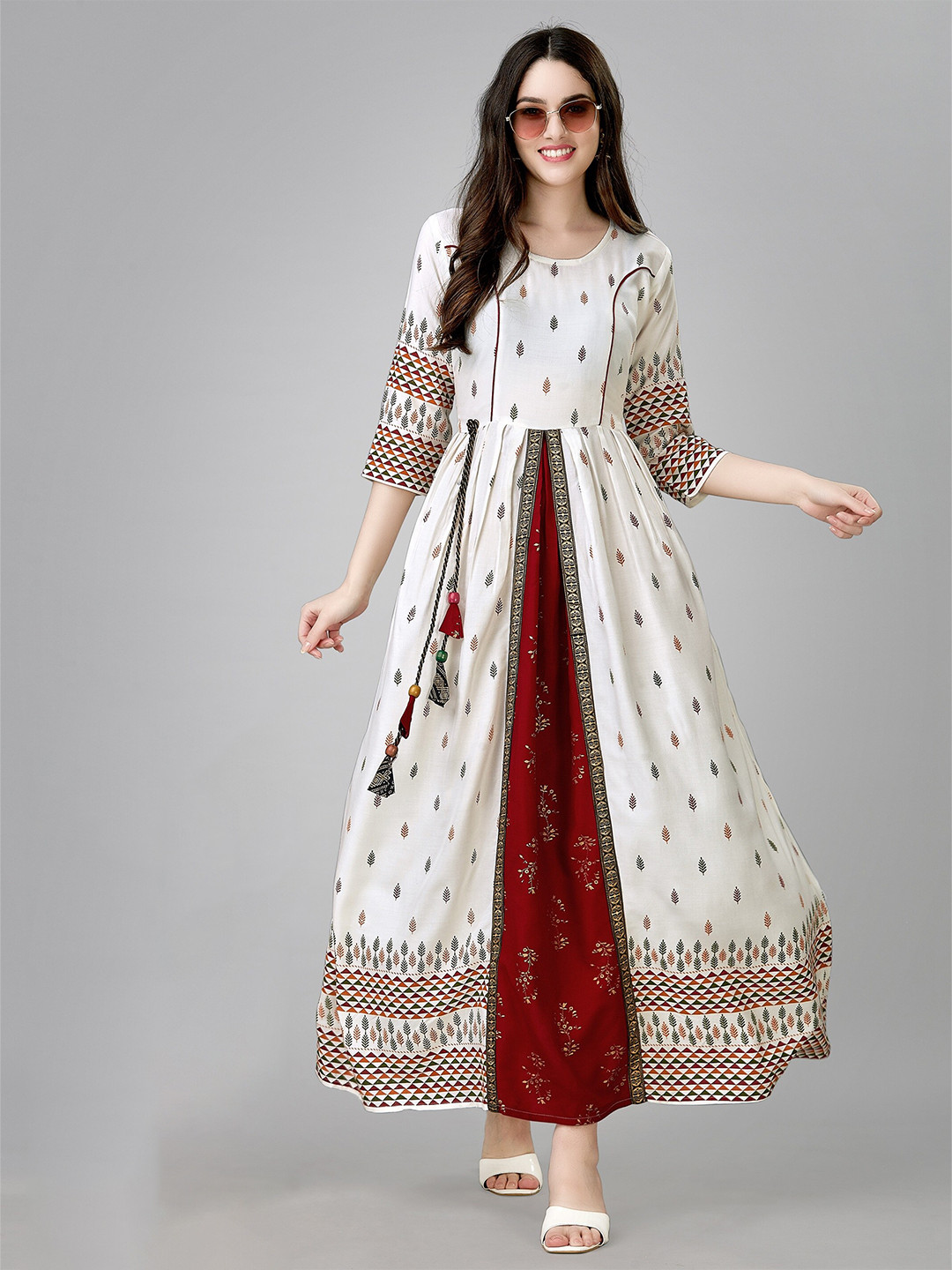 

ksevencreation Printed Flared Liva Ethnic Maxi Dress, White