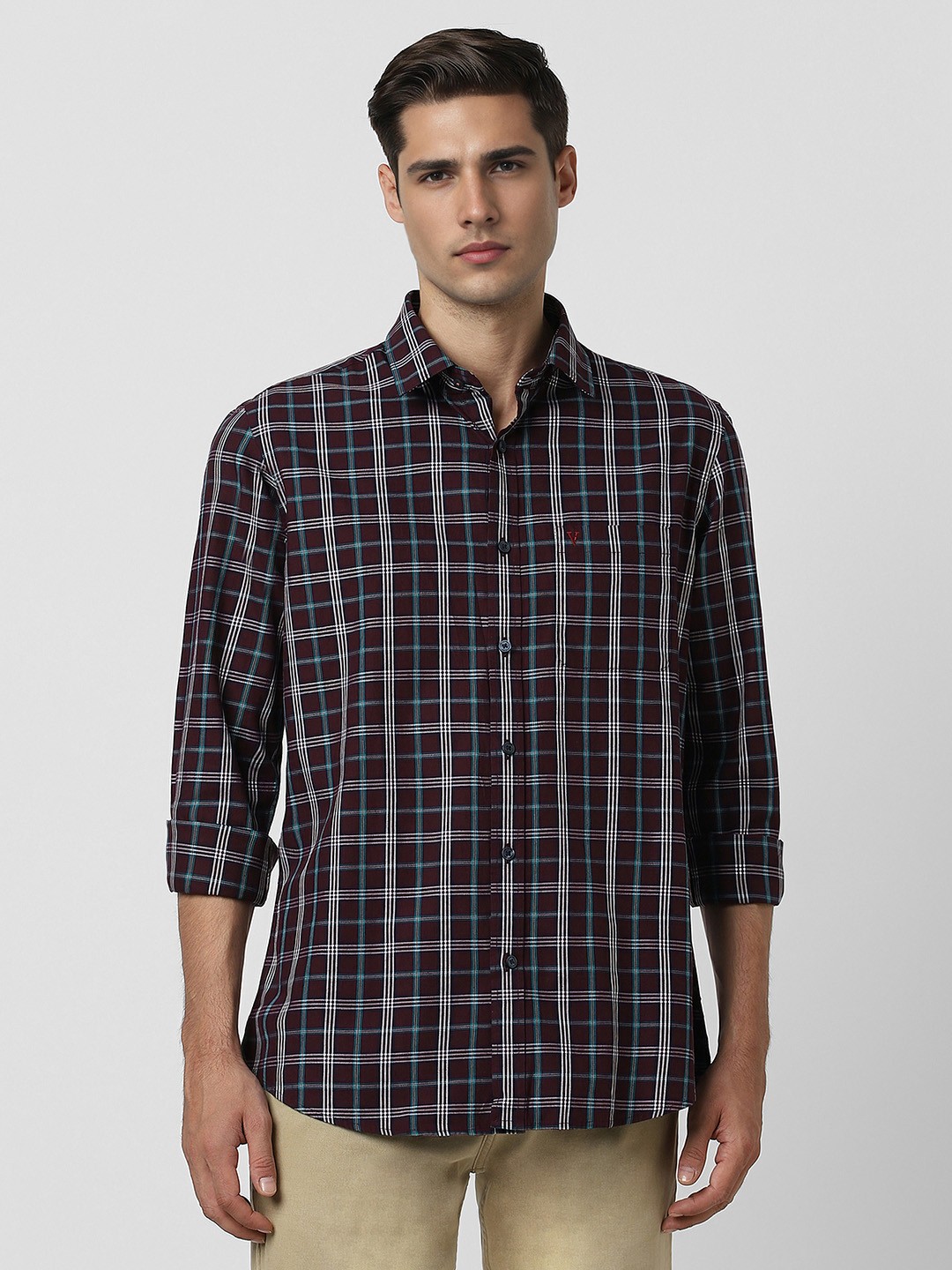 

Van Heusen Sport Slim Fit Checked Spread Collar Casual Shirt, Maroon