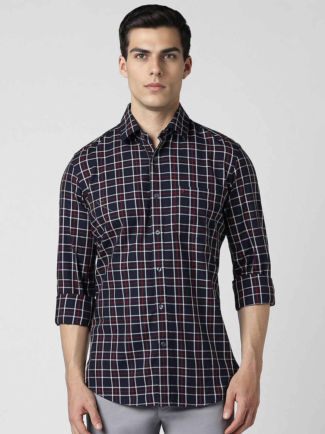 

Van Heusen Sport Men Slim Fit Grid Tattersall Checks Opaque Checked Casual Shirt, Navy blue