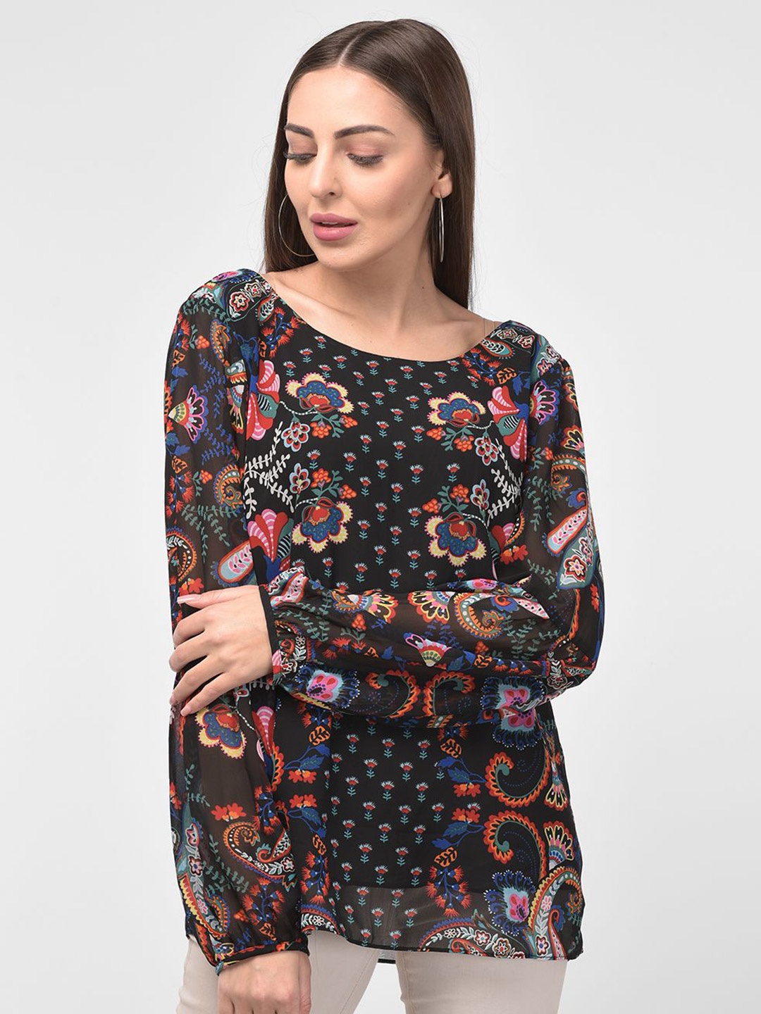 

250 DESIGNS Print Puff Sleeve Georgette Top, Black