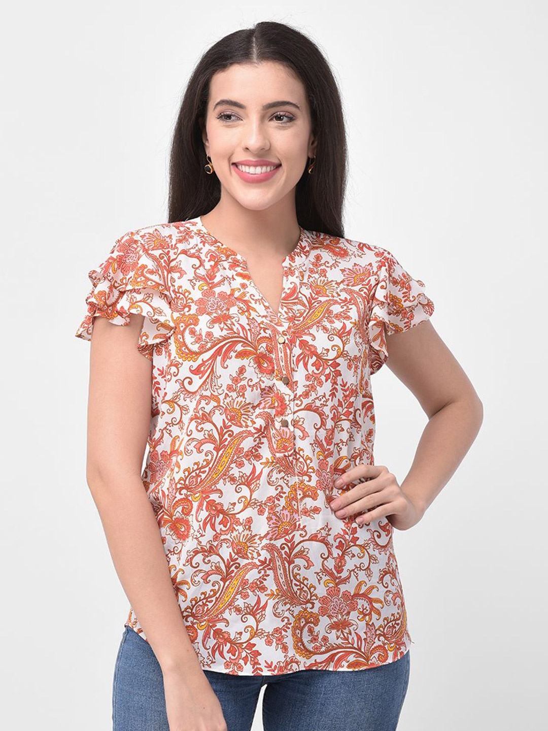 

250 DESIGNS Floral Print Mandarin Collar Puff Sleeve Georgette Top, Multi