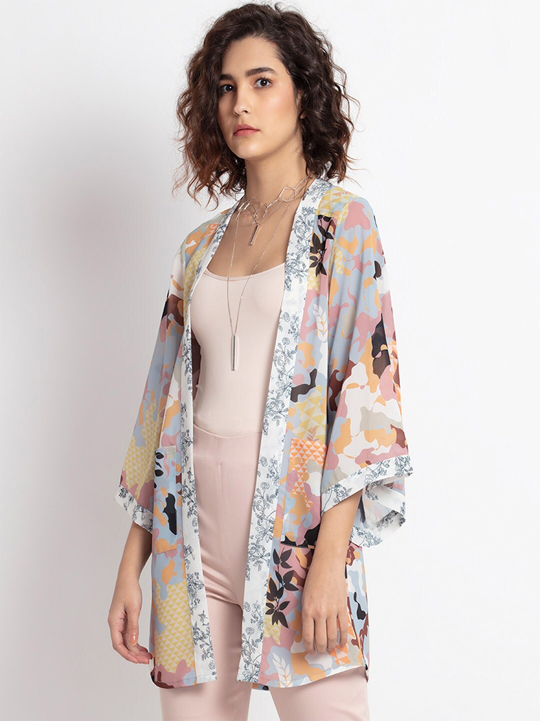 

SHAYE Abstract Printed Kimono Sleeves Open Front Shrug, Brown