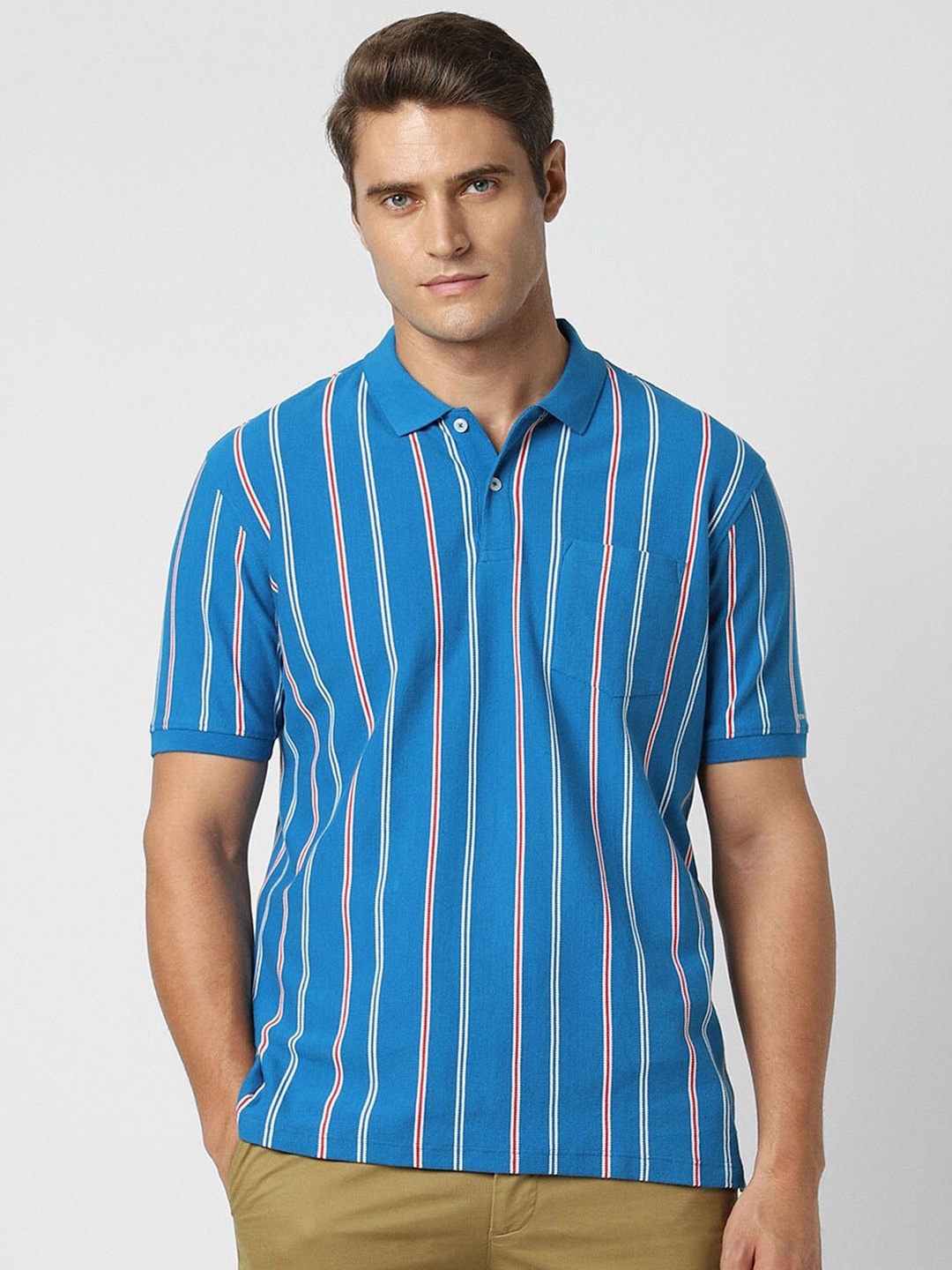 

Peter England Men Striped Polo Collar Pockets T-shirt, Blue