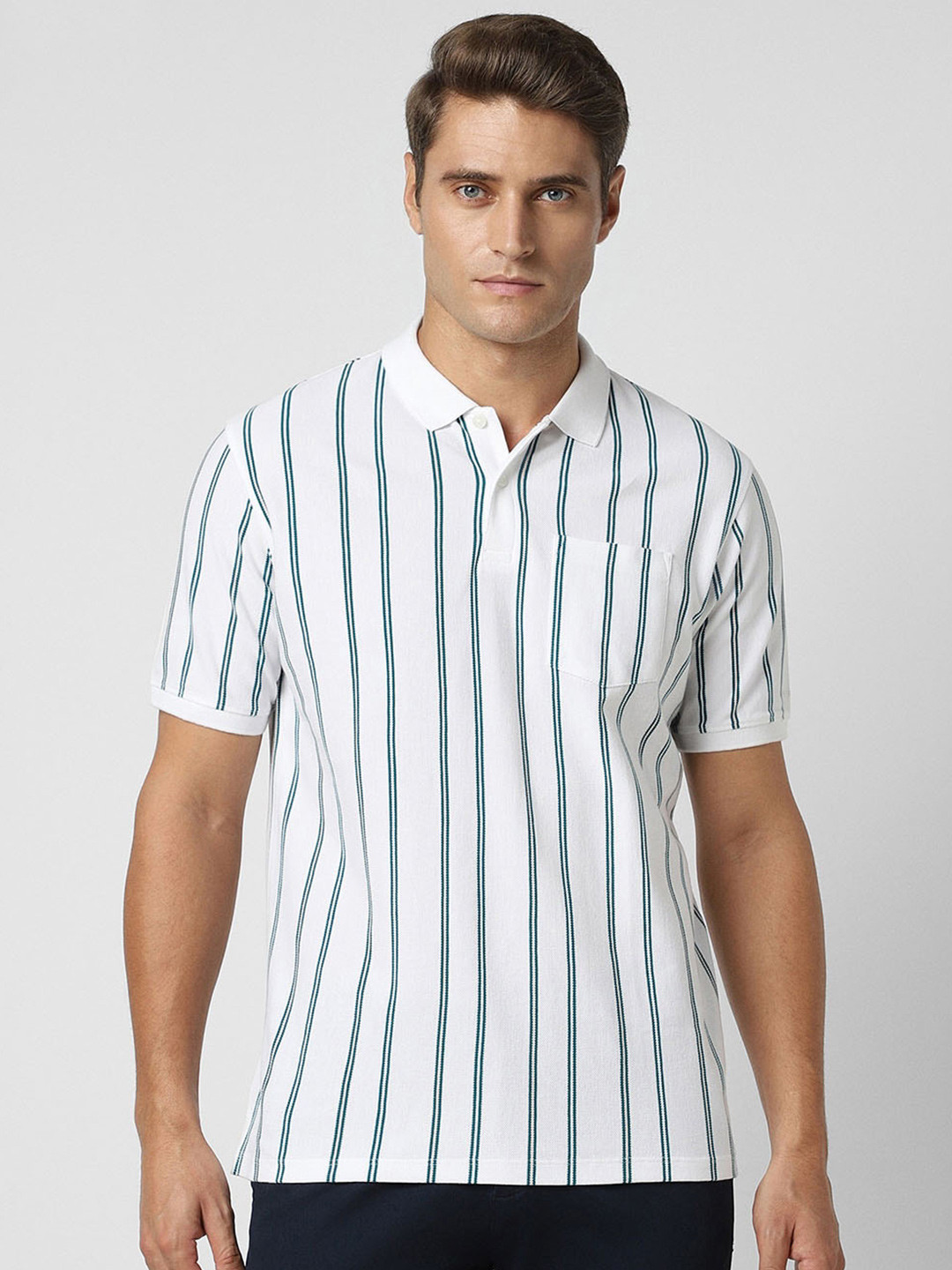 

Peter England Men Striped Polo Collar Pockets T-shirt, White