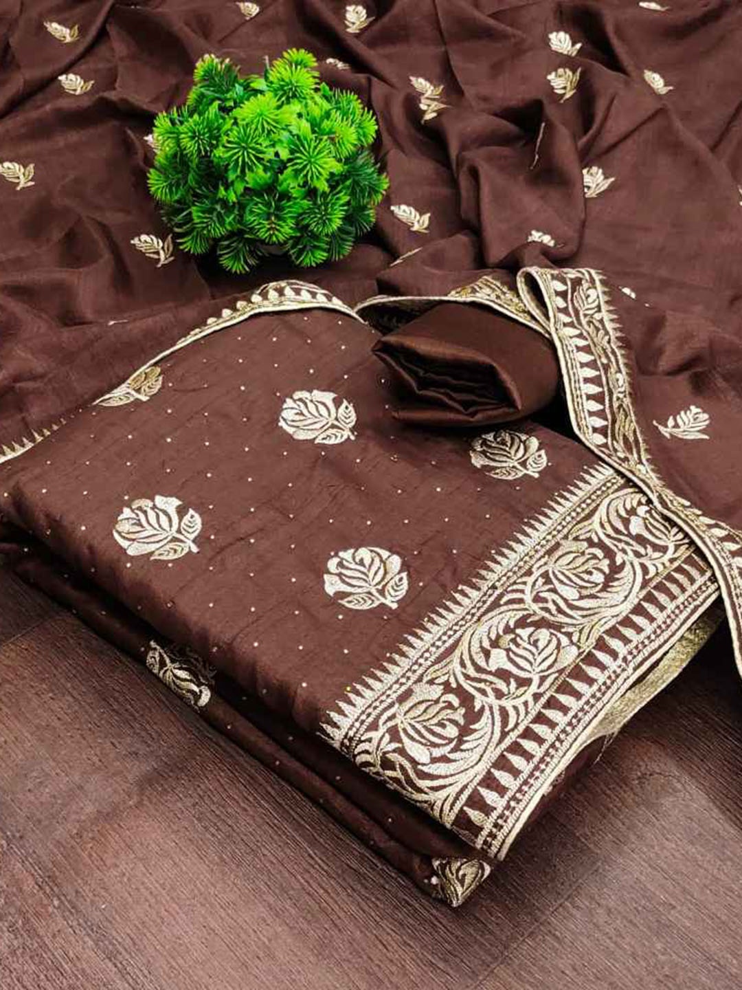 

faxofab Embroidered Silk Georgette Unstitched Dress Material, Brown