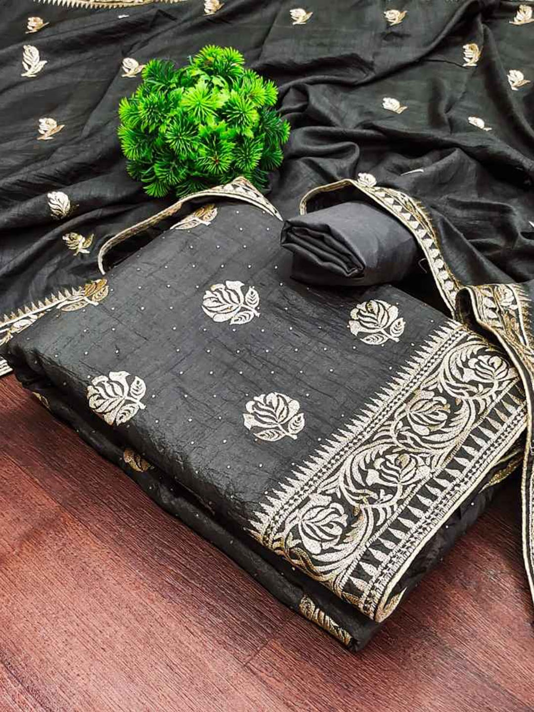

faxofab Embroidered Silk Georgette Unstitched Dress Material, Black